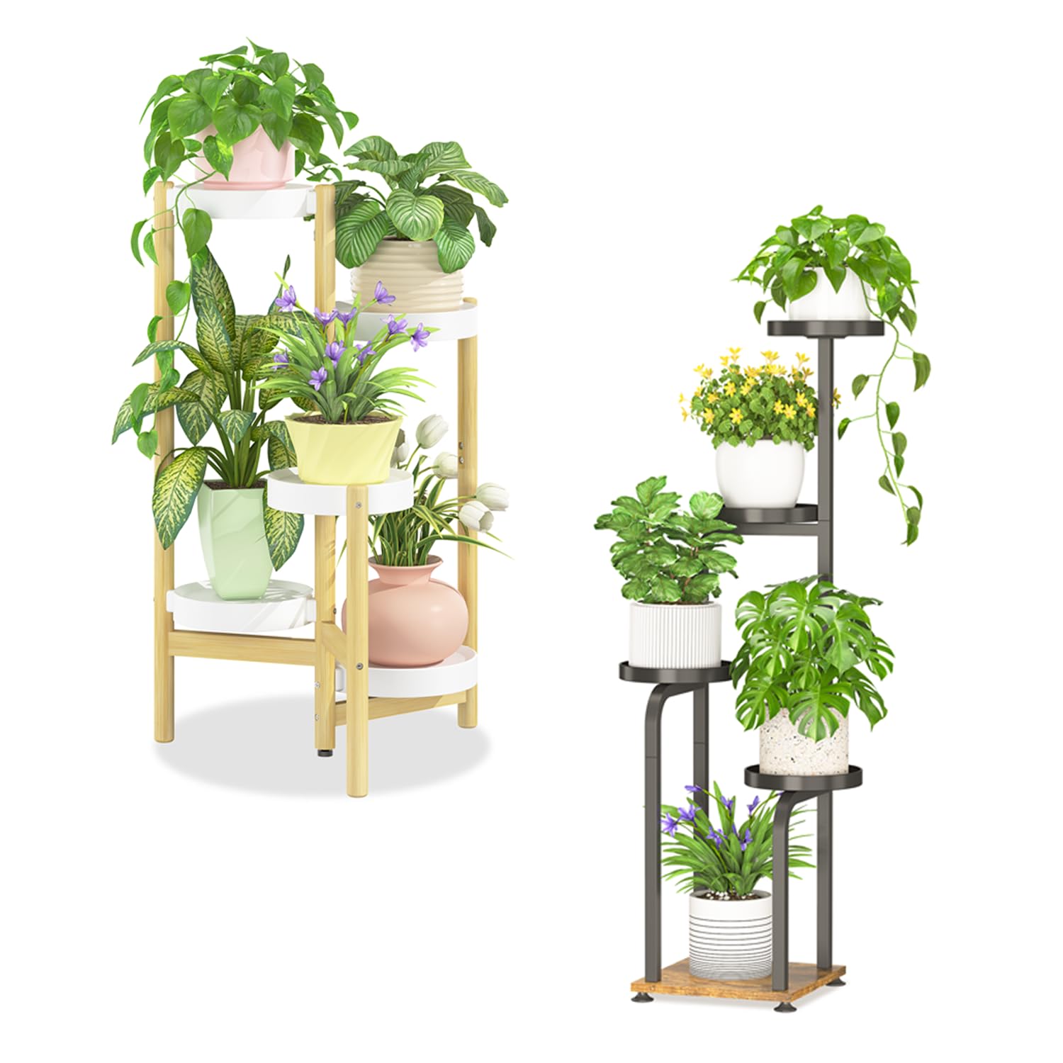 iDavosic.ly Plant Stand for Indoor Outdoor Set of 2, 5 Tier Bamboo Flower Display Holder Rack with Plastic Trays and 4 Layer Tall Corner Orchid Shelf for Living Room Balcony Patio Porch Garden