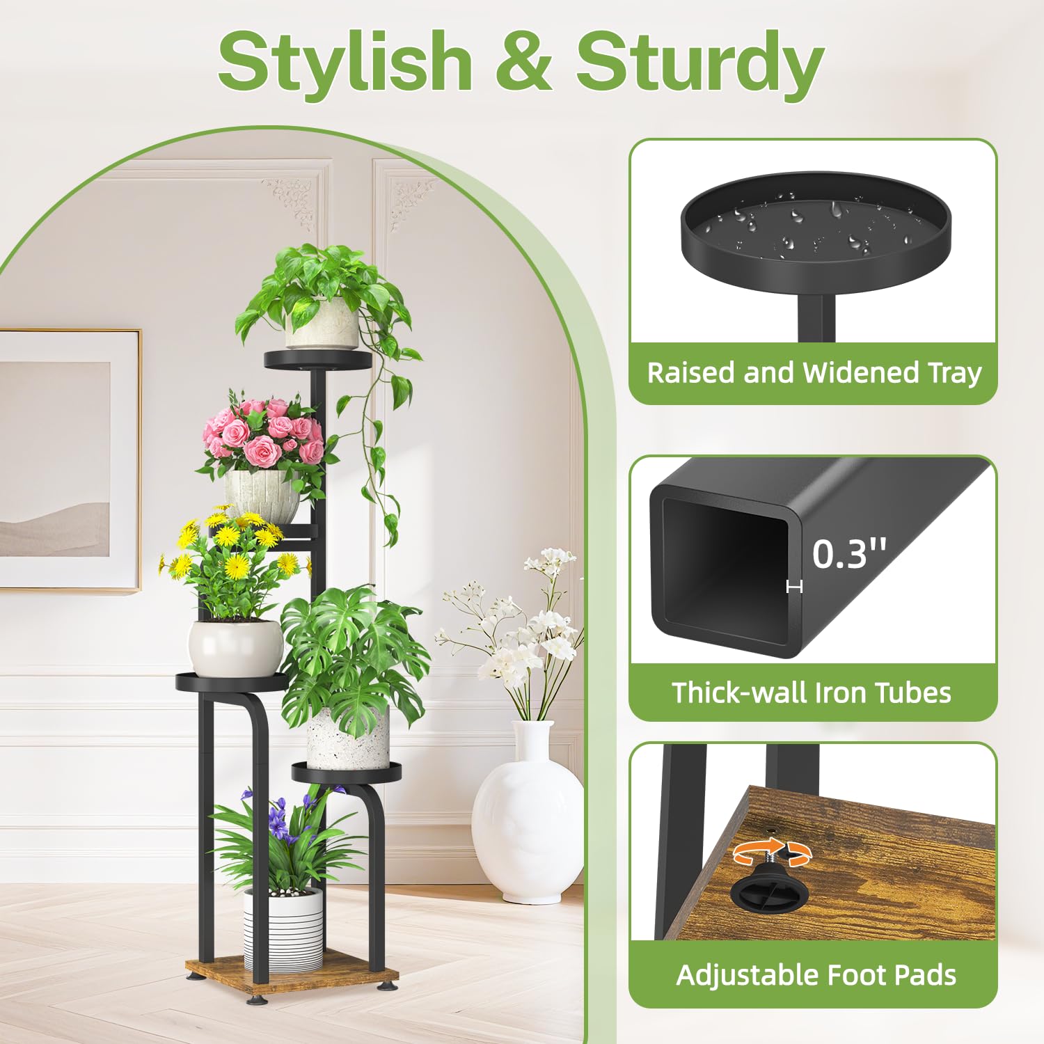 iDavosic.ly Metal Plant Stand for Indoor Outdoor Set of 2, 5 Tier Plastic Foldable Flower Display Holder Rack and 4 Layer Wood Tall Corner Orchid Shelf for Living Room Balcony Patio Porch Garden