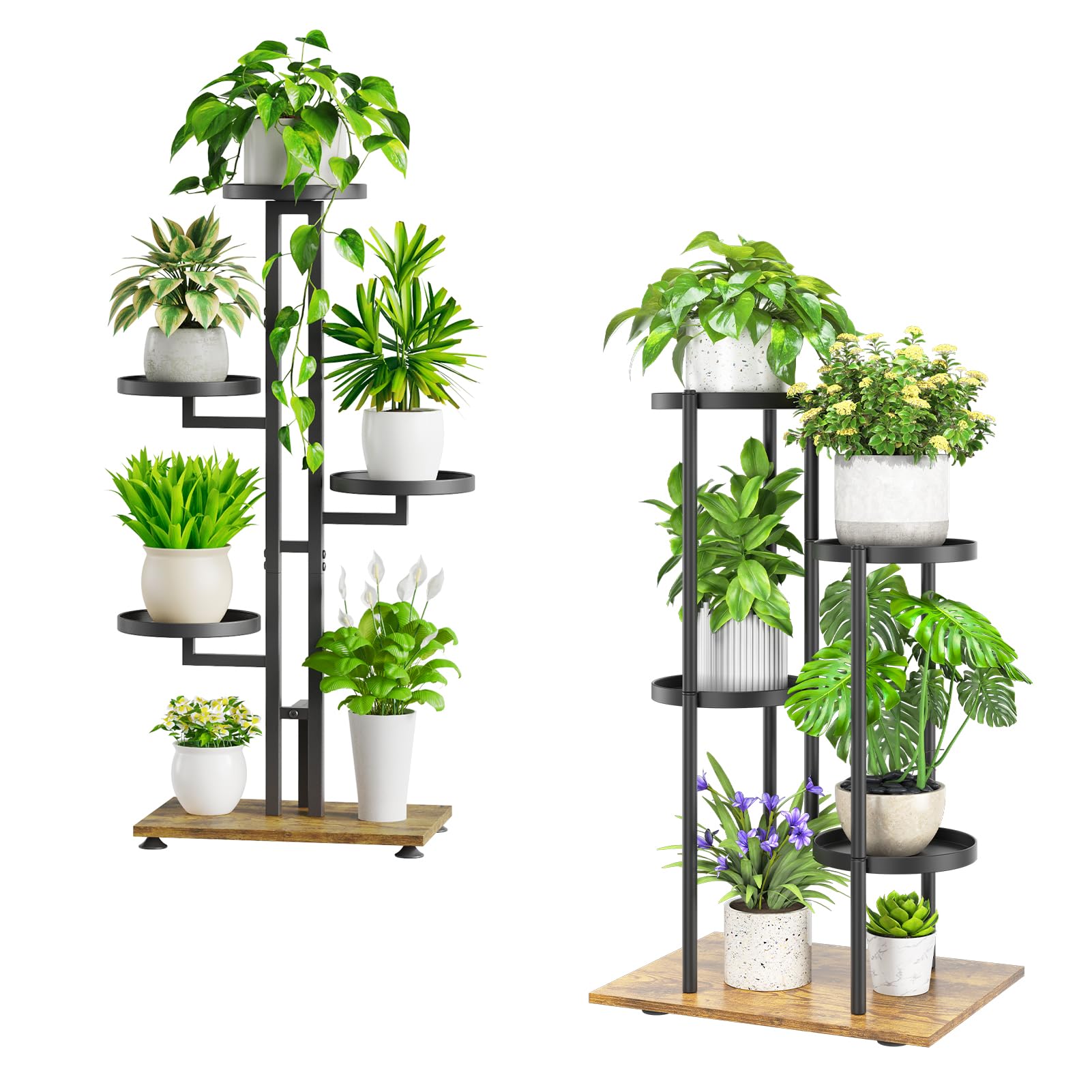 iDavosic.ly Plant Stand for Indoor Outdoor Set of 2, 5 Tier Flower Pot Display Holder Shelf and 4 Layer Metal Tall Corner Orchid Rack for House Patio Balcony Garden Living Room Porch, Black