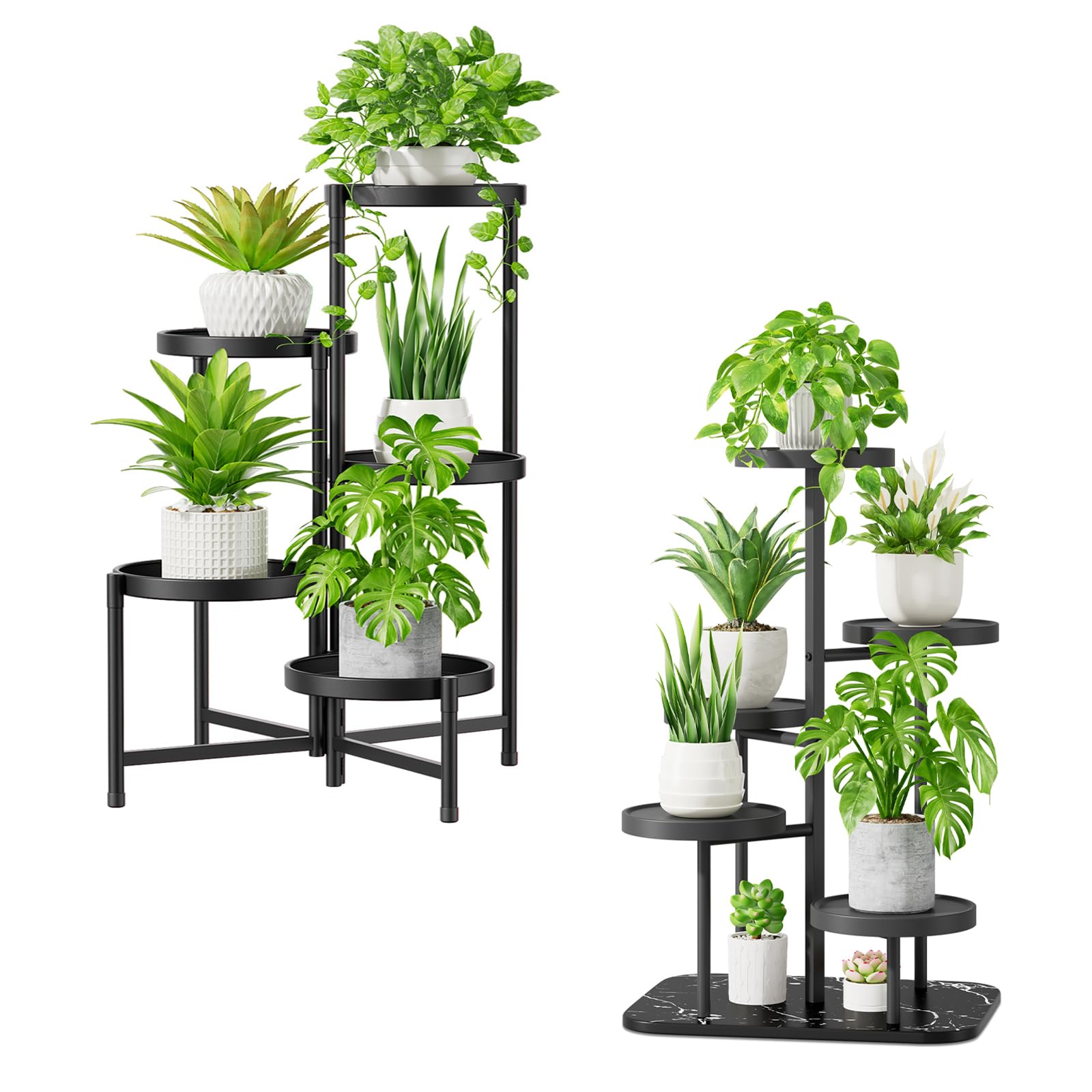 iDavosic.ly 5 Tier Plant Stand for Indoor Outdoor 2 Pack, Folding Large Corner Flower Pot Holder Shelf and Metal Plastic Tall Orchid Display Rack for Patio Porch Living Room Garden Balcony, Black