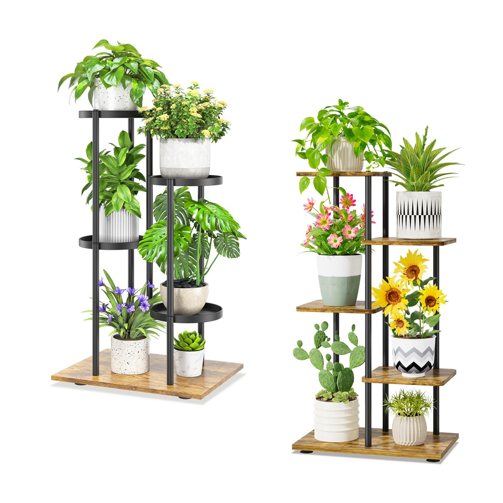 iDavosic.ly 4 Tier Plant Stand Indoor Outdoor Set of 2, Metal Wood Corner Flower Pot Holder Shelf and 34 Inch Tall Orchid Display Rack for Patio Porch Living Room Balcony, Modern Black & Rustic Brown