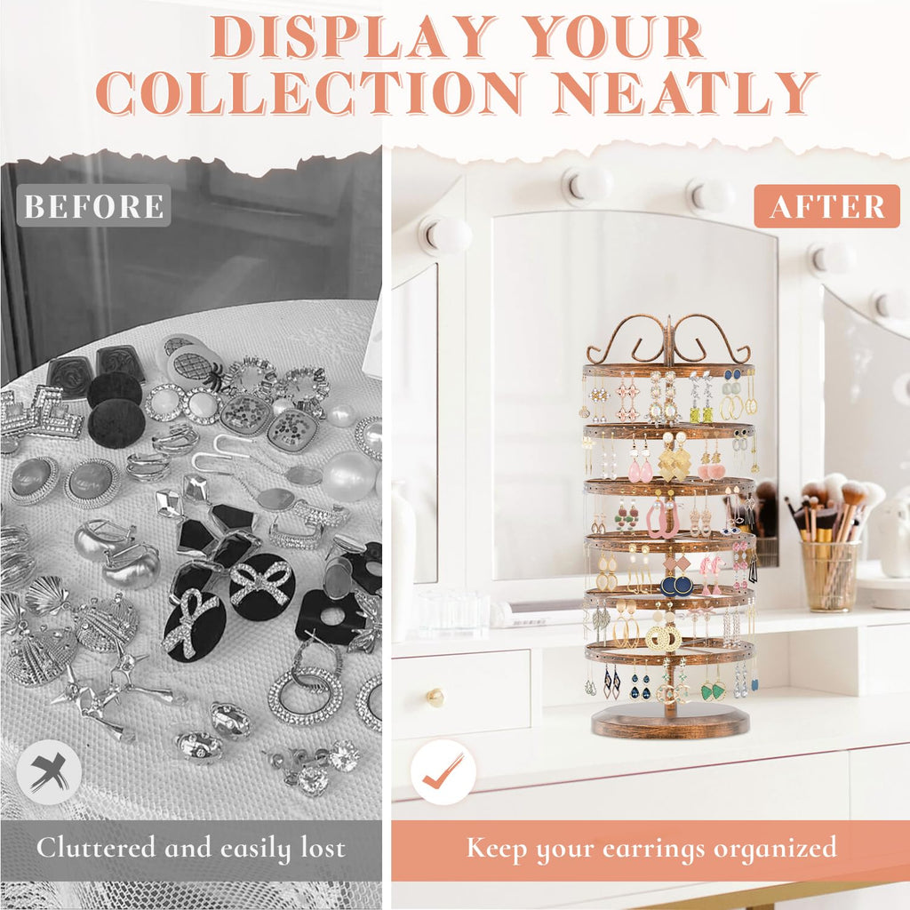 iDavosic.ly 6 Tier Metal Rotating Earring Holder Organizer, 264 Holes Large Stud Storage Display Stands Tree Rack, Adjustable Pierced Hoop Dangle Tower for Women, Bronze