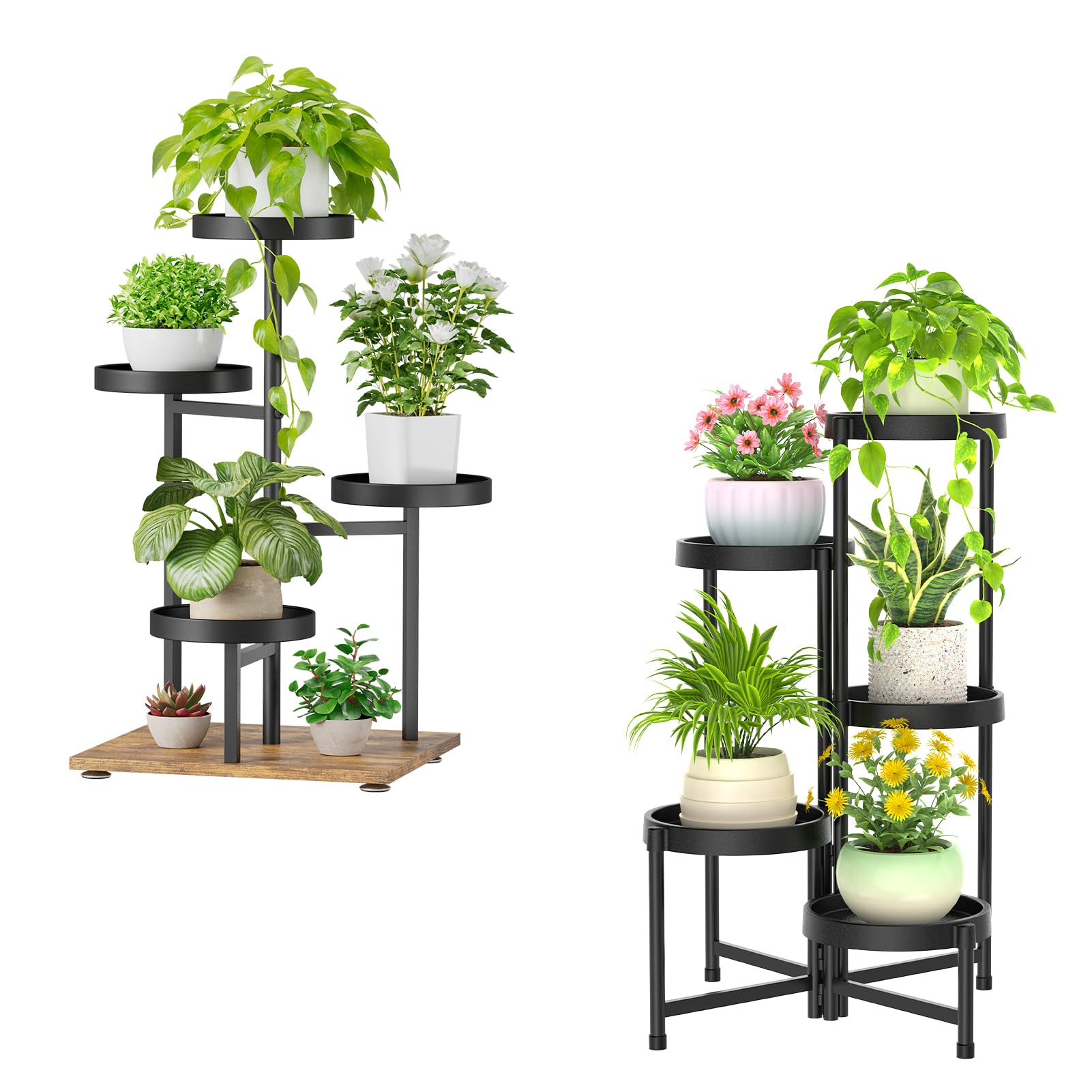 iDavosic.ly 2 Pack Plant Stand for Indoor Outdoor, 4 Tier Corner Flower Pot Holder Shelf and Foldable Metal Plastic Tall Orchid Display Rack for Patio Porch Garden Balcony Bedroom, Black