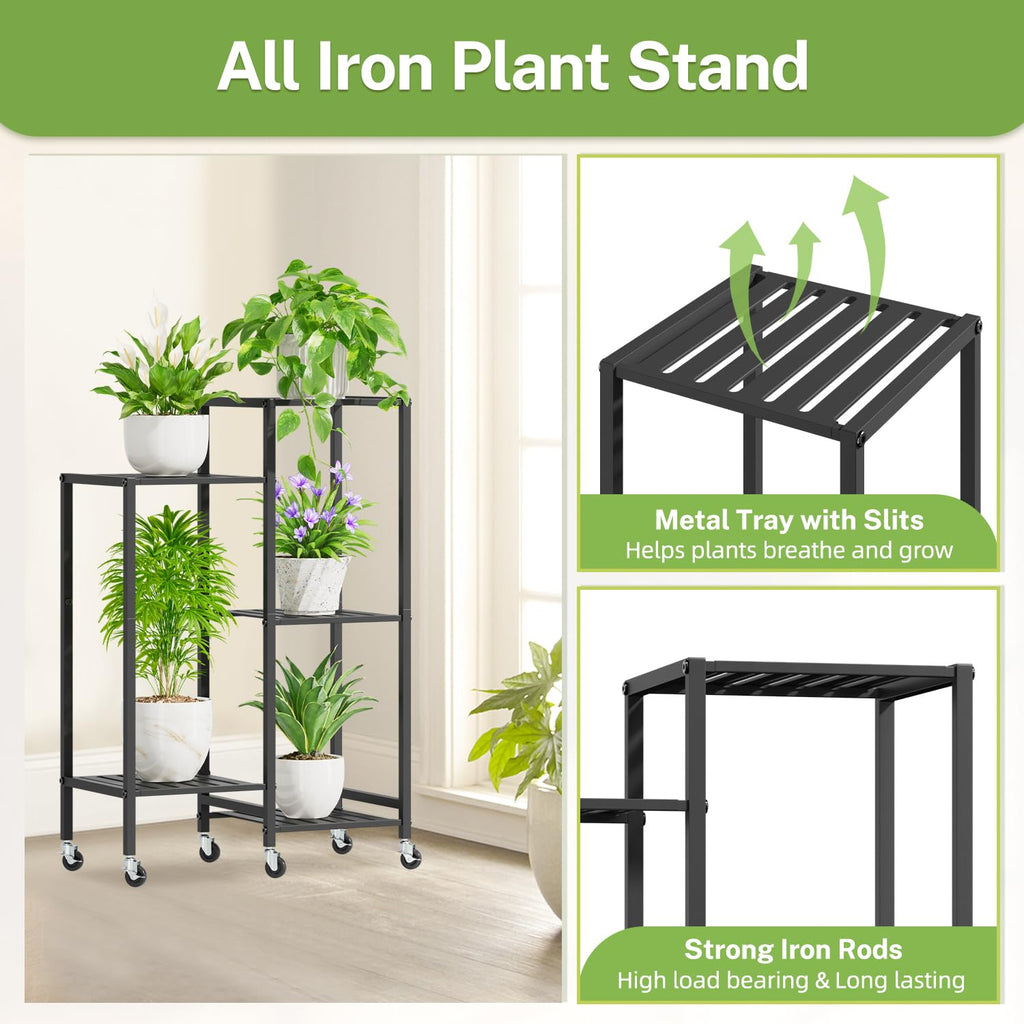 iDavosic.ly Metal Plant Stand Indoor Outdoor Set of 2, 3 Tiered Corner Flower Holder Shelf and 5 Layer Vertical Rolling Rack for Large Pots Modern Black