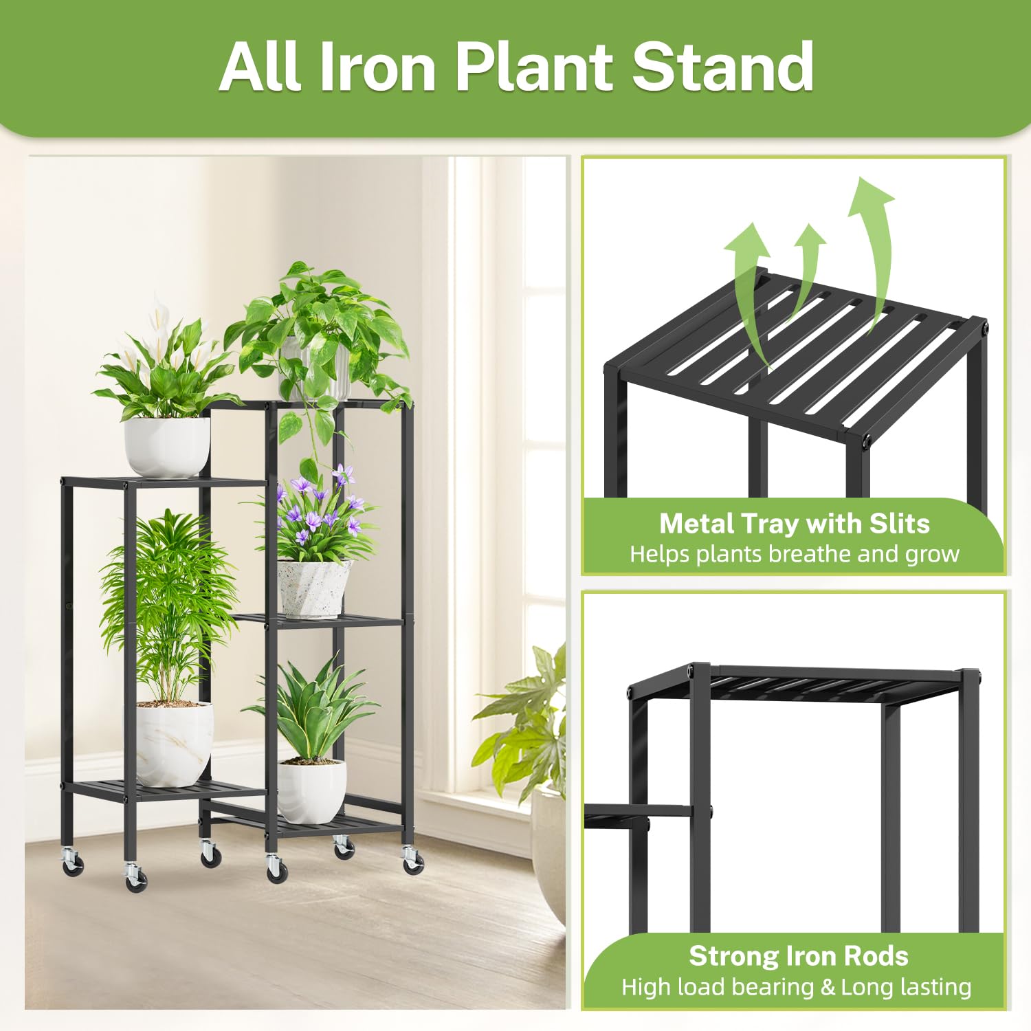 iDavosic.ly Plant Stand Indoor Outdoor Set of 2,5 Tier Metal Flower Holder Shelf with Wheels and 5 Layer Tall Orchid Display Rack for Patio Porch Living Room Balcony Outdoor