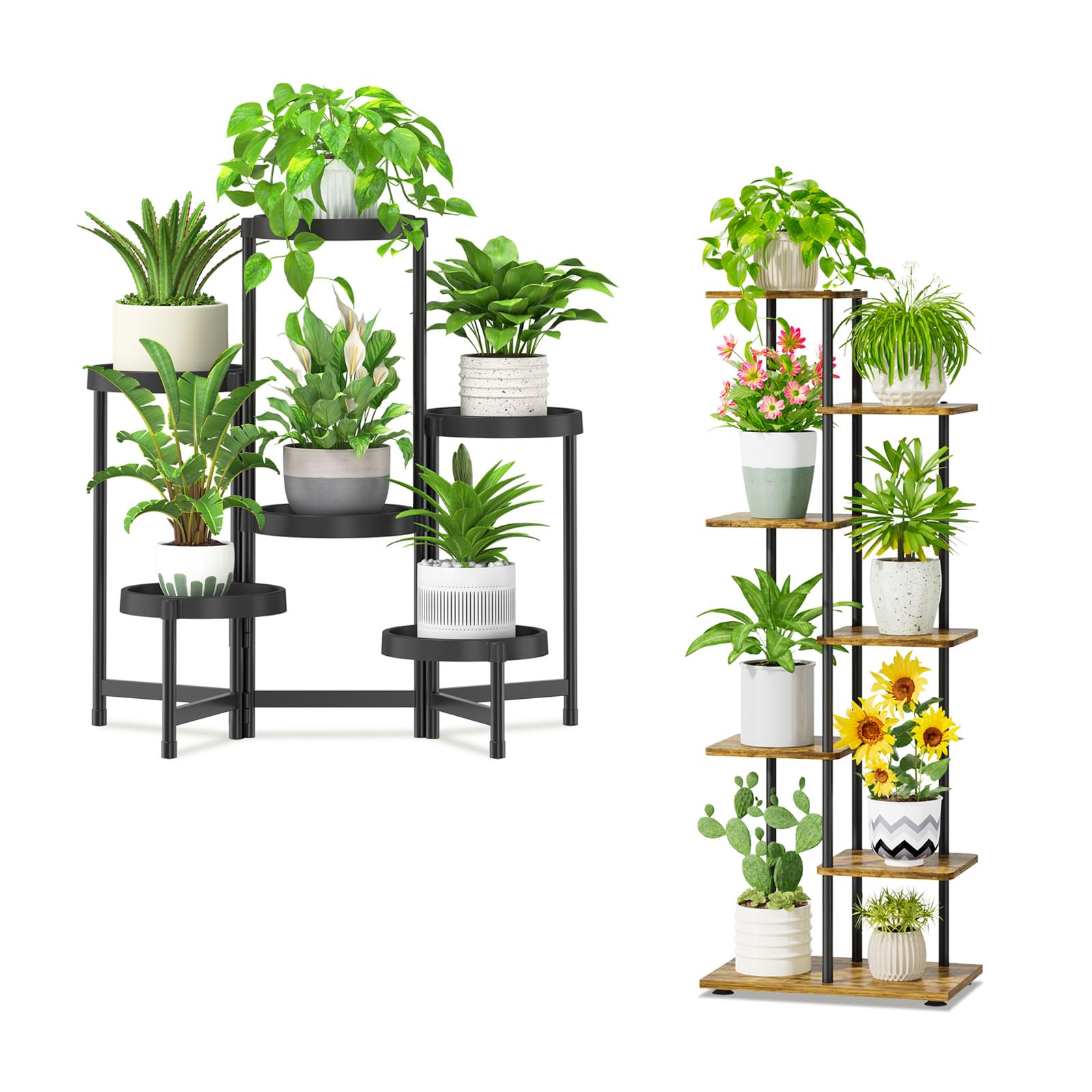 iDavosic.ly Plant Stand Indoor Outdoor Set of 2，6 Tier Folding Corner Flower Holder Shelf and 6 Layer Metal Wood Multiple Orchid Display Rack for Patio Porch Living Room Balcony Outdoor