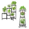 iDavosic.ly Metal Plant Stand for Indoor Outdoor Set of 2, 6 Tier Large Foldable Iron Carving Flower Pot Holder Shelf and 3 Layer Tall Vertical Display Rack for Patio Porch Living Room Garden, Black