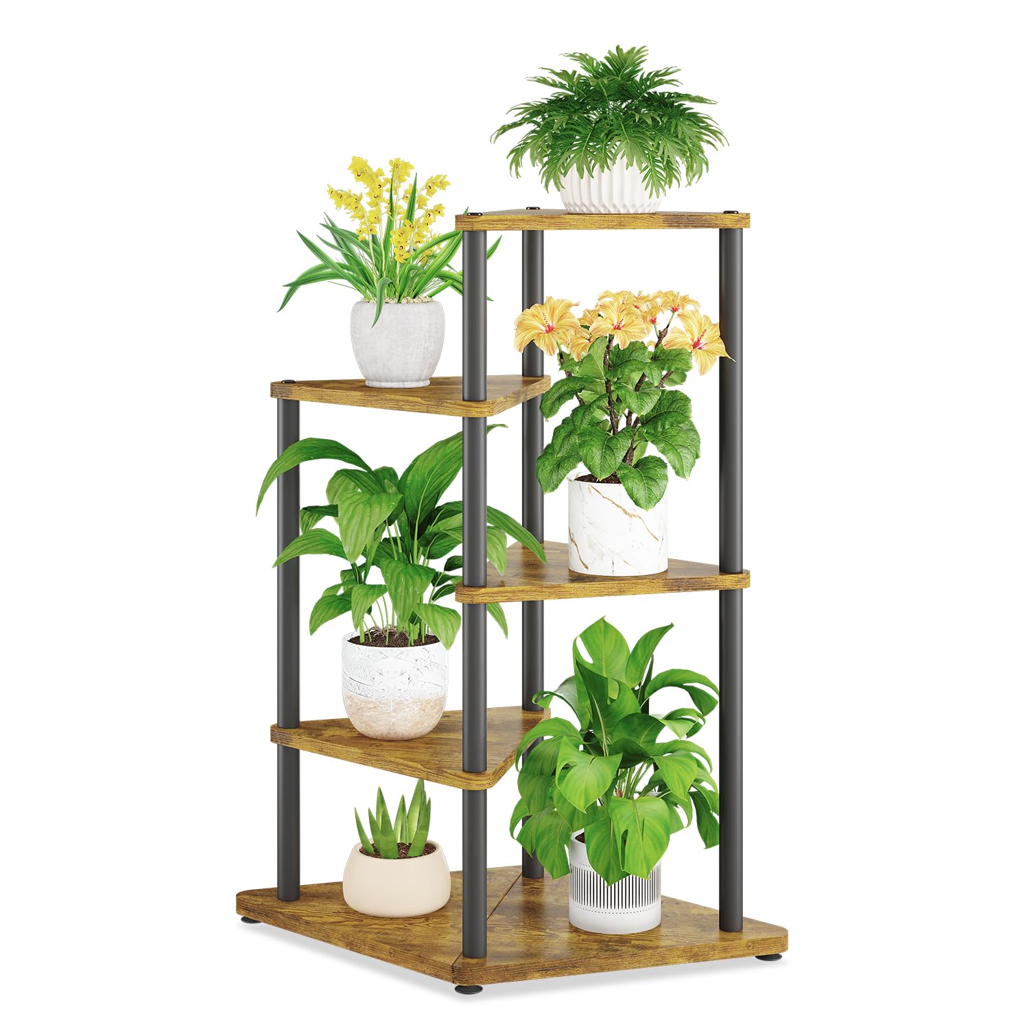 iDavosic.ly Tall Plant Stand Indoor for Large & Heavy Duty Planters, 4 Tier Corner Flower Shelf with Wooden Trays & Metal Frame, 33 Inch Orchid Rack for Living Room Balcony Porch, Black & Brown