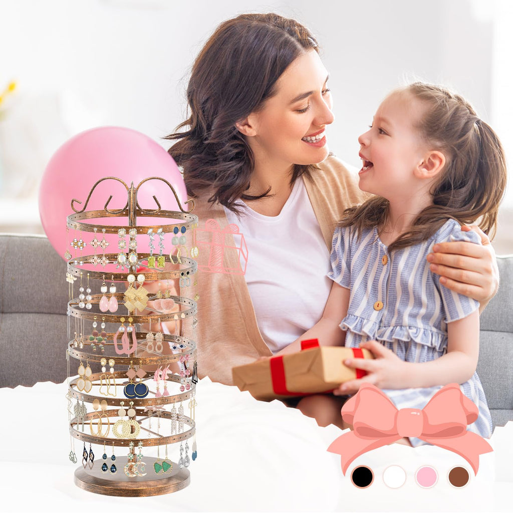 iDavosic.ly 6 Tier Metal Rotating Earring Holder Organizer, 264 Holes Large Stud Storage Display Stands Tree Rack, Adjustable Pierced Hoop Dangle Tower for Women, Bronze