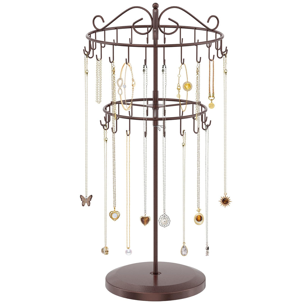 iDavosic.ly 2 Tier Rotating Necklace Holder Organizer with 42 Hooks, Adjustable Metal Bracelet Display Stand Rack, Extra Tall Keychain Spinning Tree Tower for Women, Espresso Brown