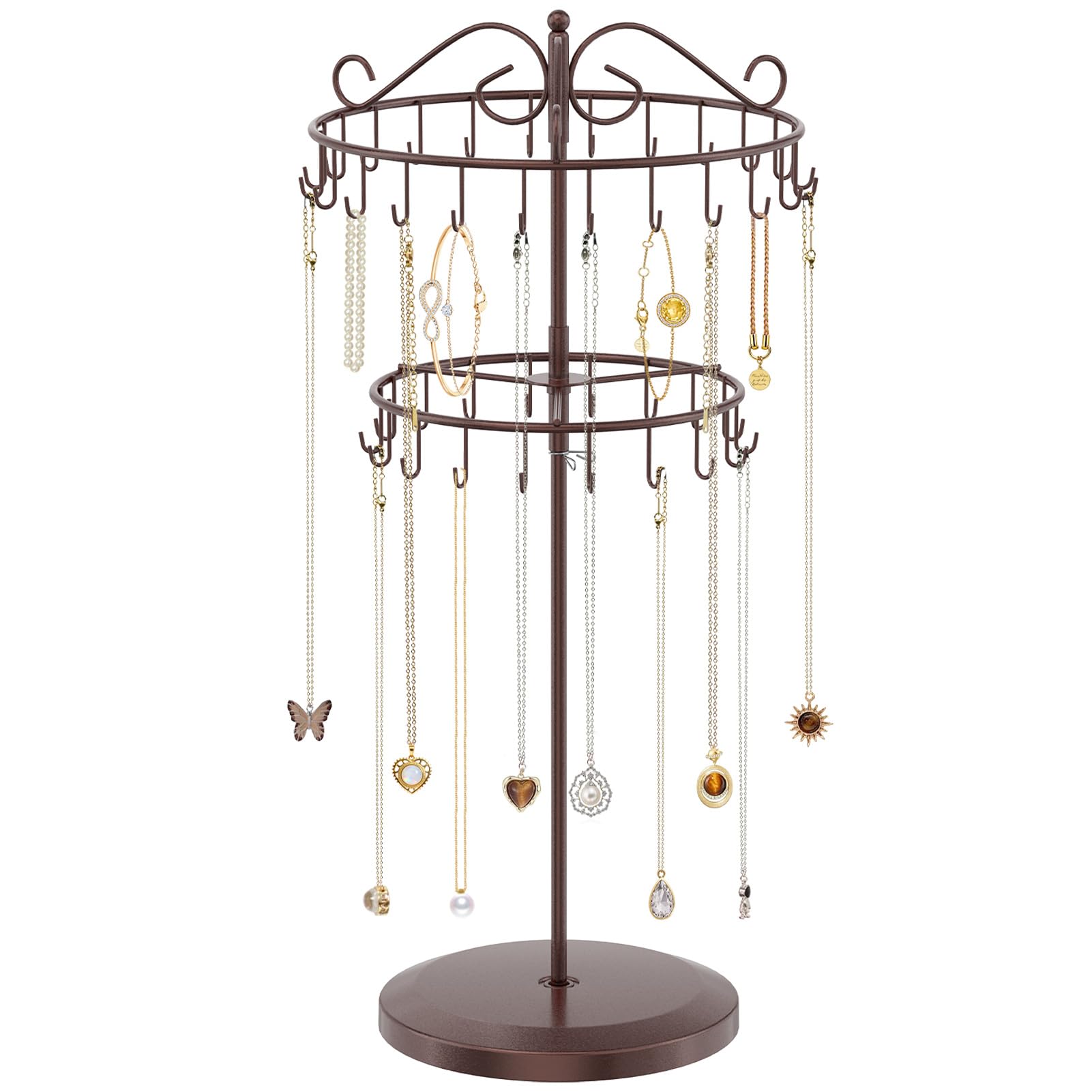 iDavosic.ly 2 Tier Rotating Necklace Holder Organizer with 42 Hooks, Adjustable Metal Bracelet Display Stand Rack, Extra Tall Keychain Spinning Tree Tower for Women, Espresso Brown