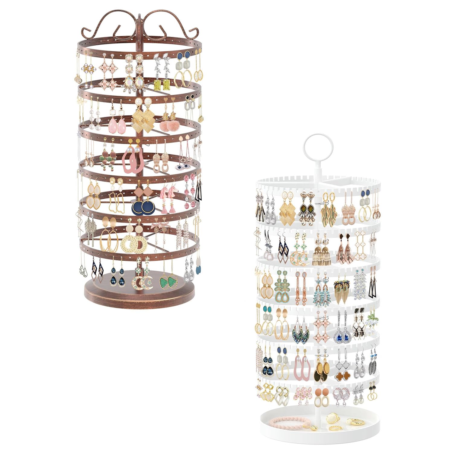 iDavosic.ly 6 Tier Rotating Earring Holder Organizer Set of 2, Metal Large Stud Storage Stand, Adjustable Plastic Dangle Hoop Display Rack Tower with Tray for Women, Bronze White