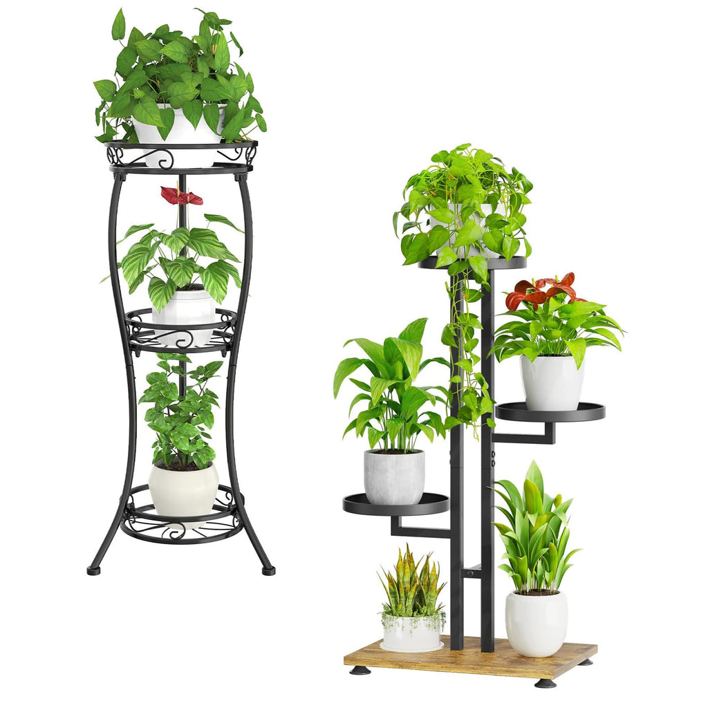 iDavosic.ly Plant Stand for Indoor Outdoor 2 Pack, 3 Tier Wrought Iron Vertical Flower Holder Shelf and 4 Layer Metal Pot Display Rack for Patio Porch Garden Living Room, Black