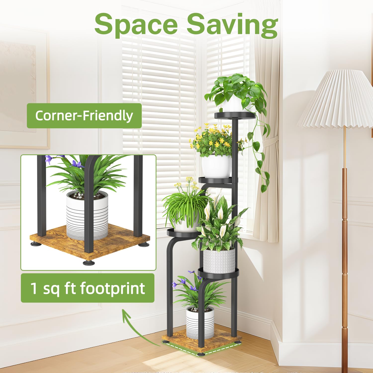 iDavosic.ly Tall Plant Stand Indoor, 4 Tier Corner Multiple Flower Holder Shelf with Metal Trays, Space Saving Display Rack for Living Room Balcony Patio Porch Outdoor | Black & Brown