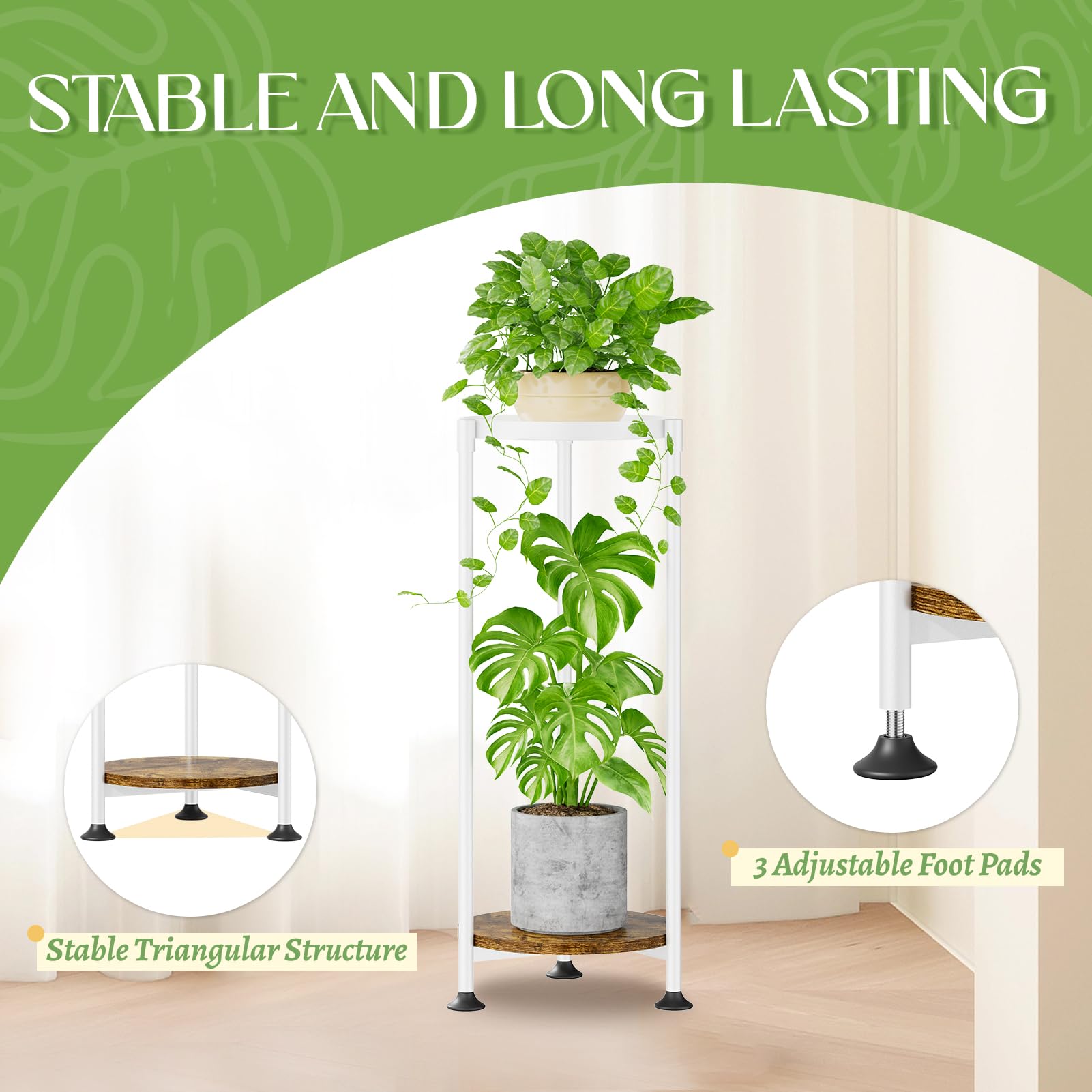 iDavosic.ly Metal Plant Stand Indoor Outdoor Set of 2, 3 Tiered Corner Flower Holder Shelf and 2 Layer Tall Vertical Heavy Duty Display Rack for Patio Porch Living Room, Modern White & Rustic Brown