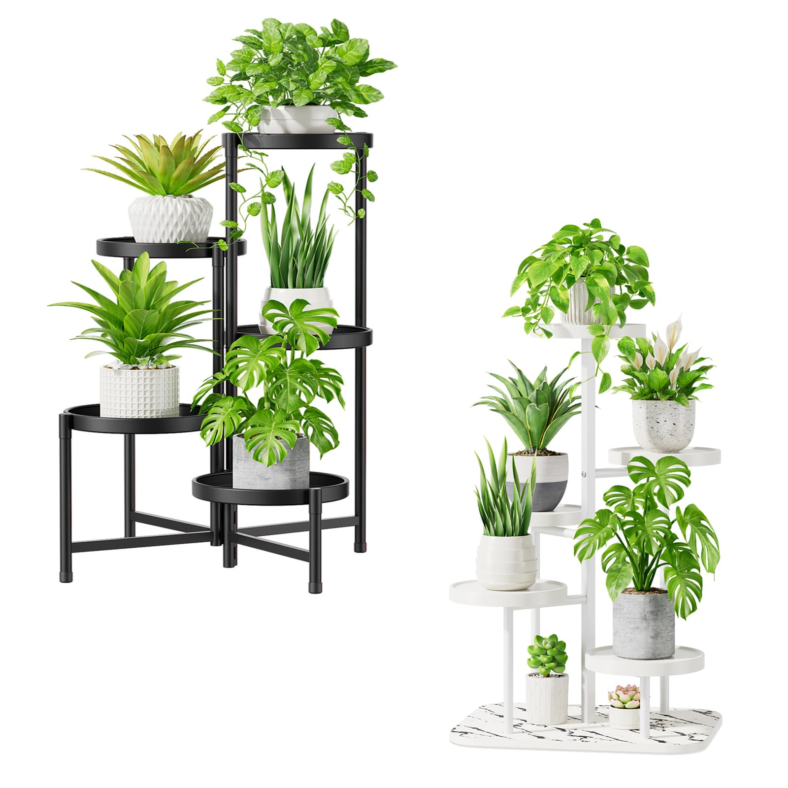 iDavosic.ly 5 Tier Plant Stand for Indoor Outdoor 2 Pack, Folding Large Corner Flower Pot Holder Shelf Black and Metal Plastic White Tall Orchid Display Rack for House Patio Porch Garden Balcony