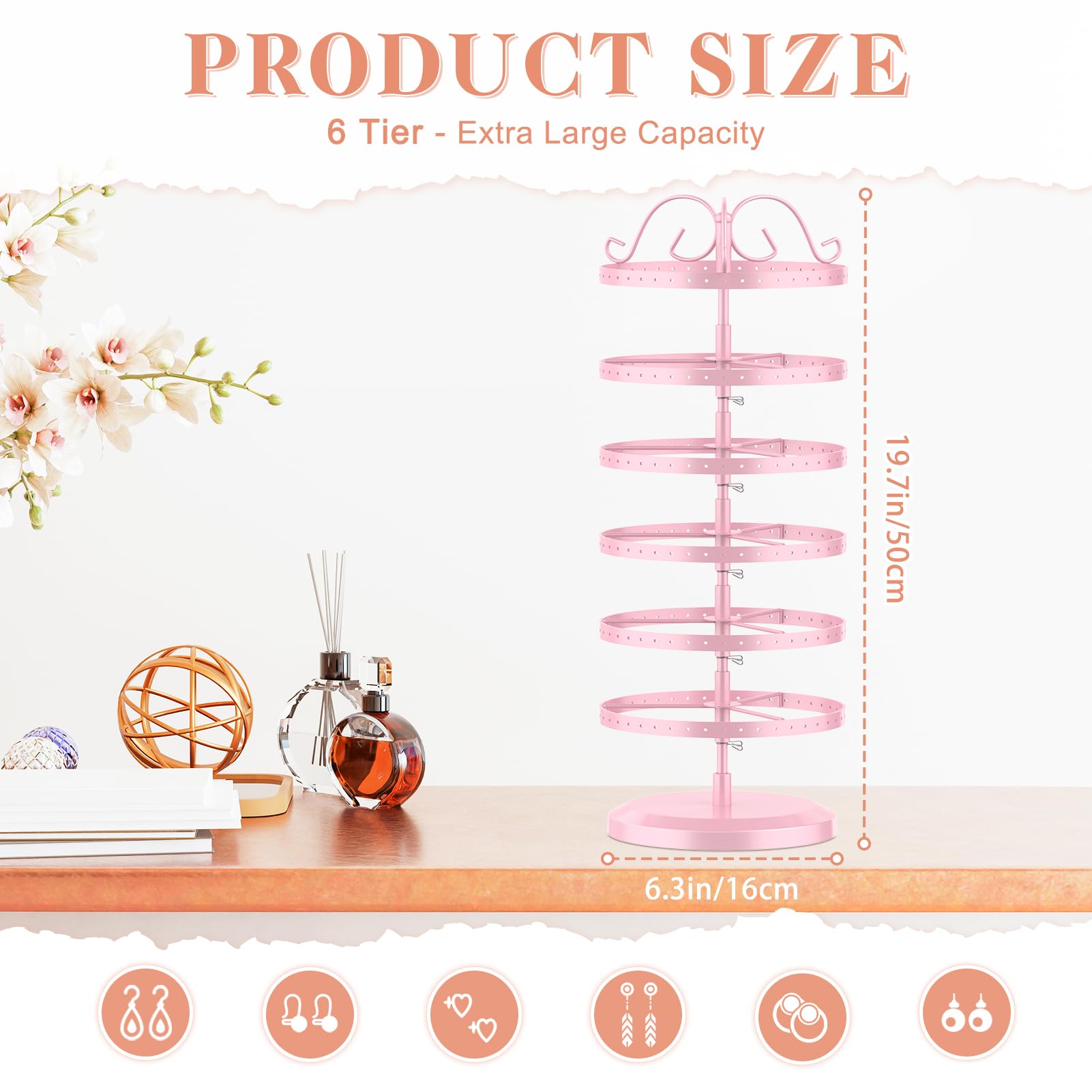 iDavosic.ly 6 Tier Rotating Earring Holder Organizer Set of 2, Metal Large Stud Storage Stand, Adjustable Plastic Dangle Hoop Display Rack Tower with Tray for Women, Pink White