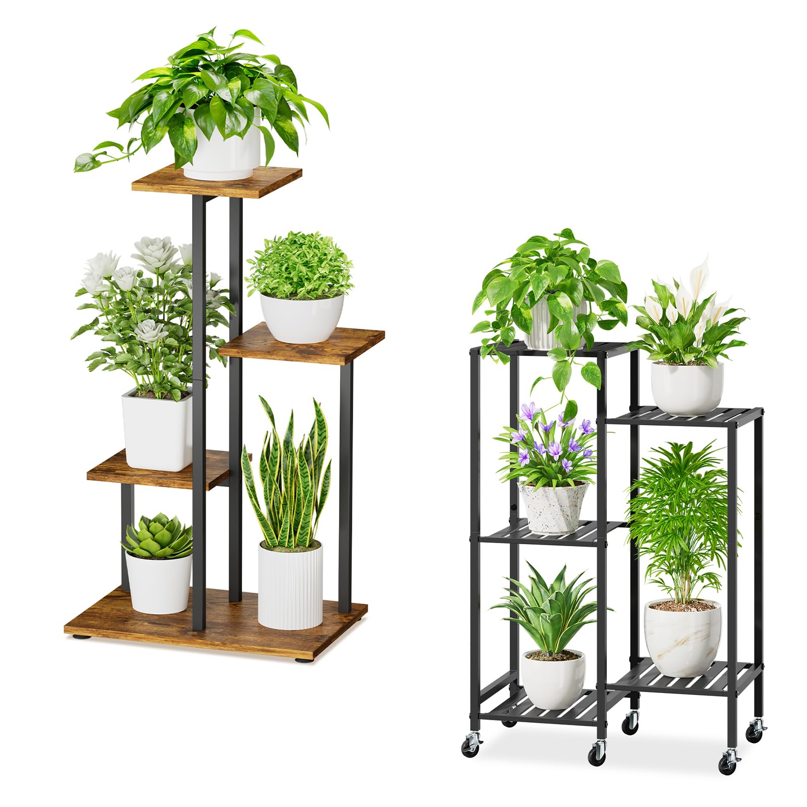 iDavosic.ly Plant Stand for Indoor Outdoor 2 Pack, 4 Tier Metal Wood Orchid Pot Display Rack and 5 Layer Tall Corner Flower Holder Shelf with Wheels for Patio Porch Garden Balcony Living Room
