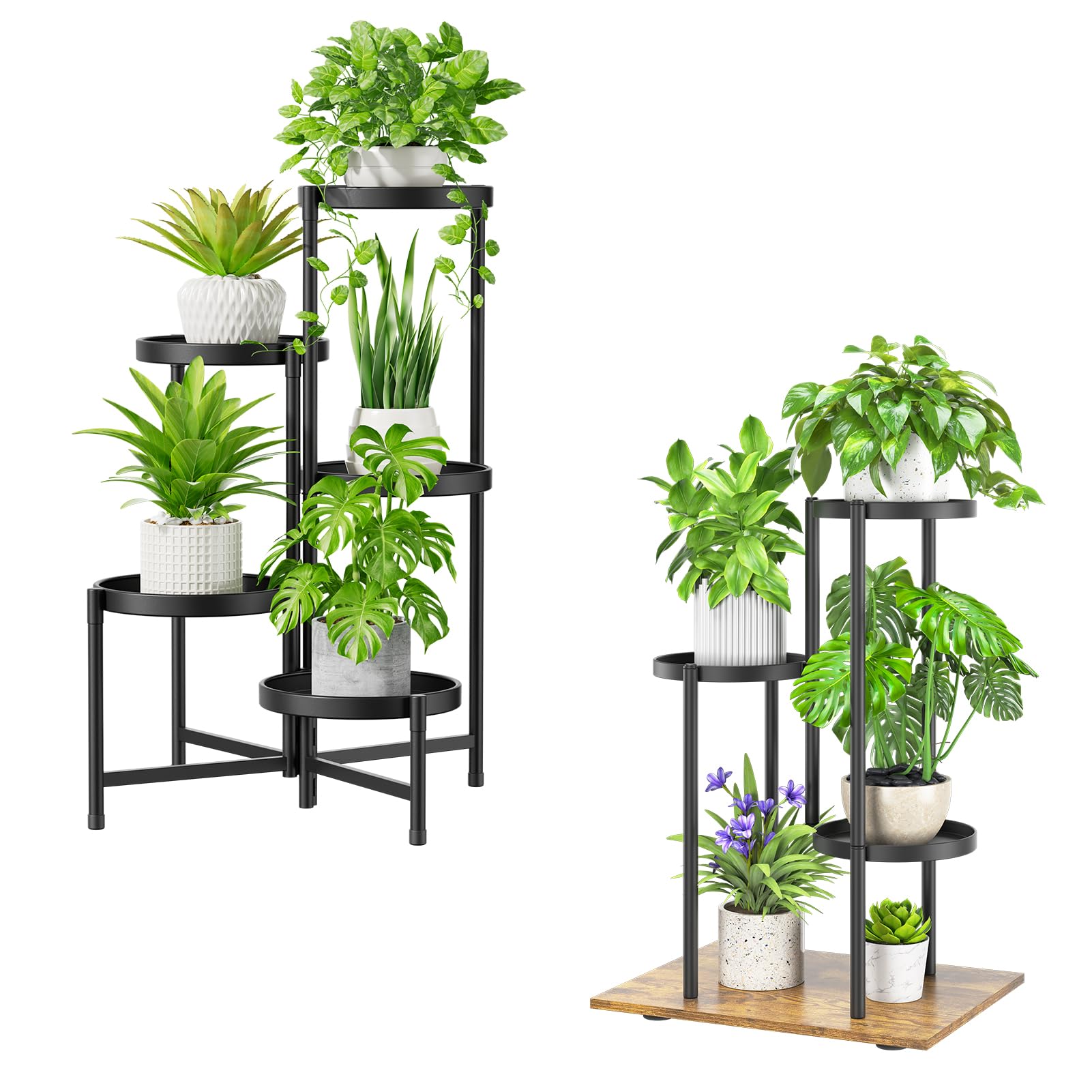 iDavosic.ly Plant Stand for Indoor Outdoor Set of 2, 5 Tier Metal Large Folding Flower Display Holder Shelf and 3 Layer Tall Corner Orchid Rack for House Patio Balcony Garden Living Room Porch, Black