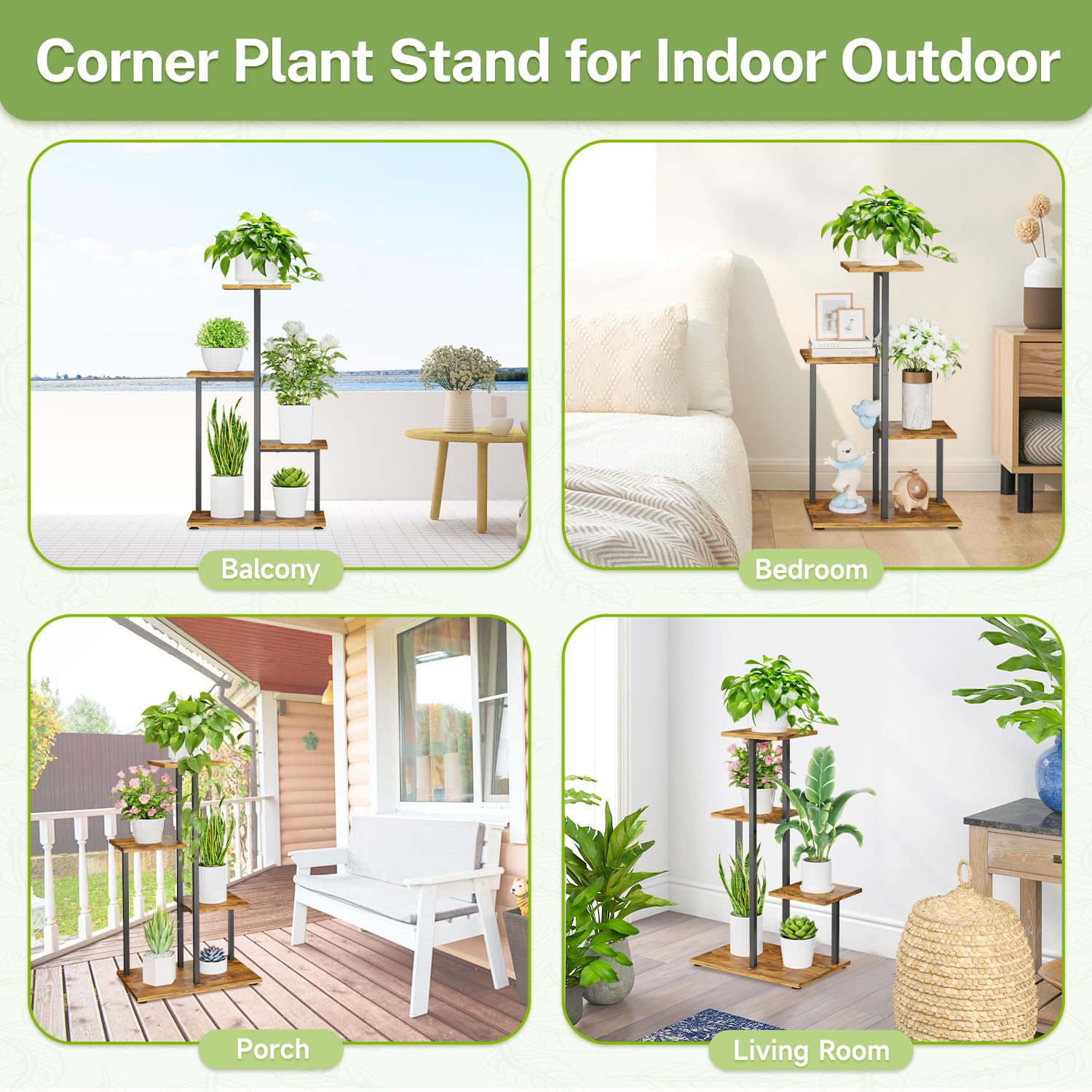 iDavosic.ly Metal Wood Plant Stand Indoor Outdoor Set of 2, 4 Tier Corner Flower Holder Shelf and 3 Layer Tall Orchid Pot Display Rack for Patio Porch Living Room Balcony, Modern Black & Rustic Brown