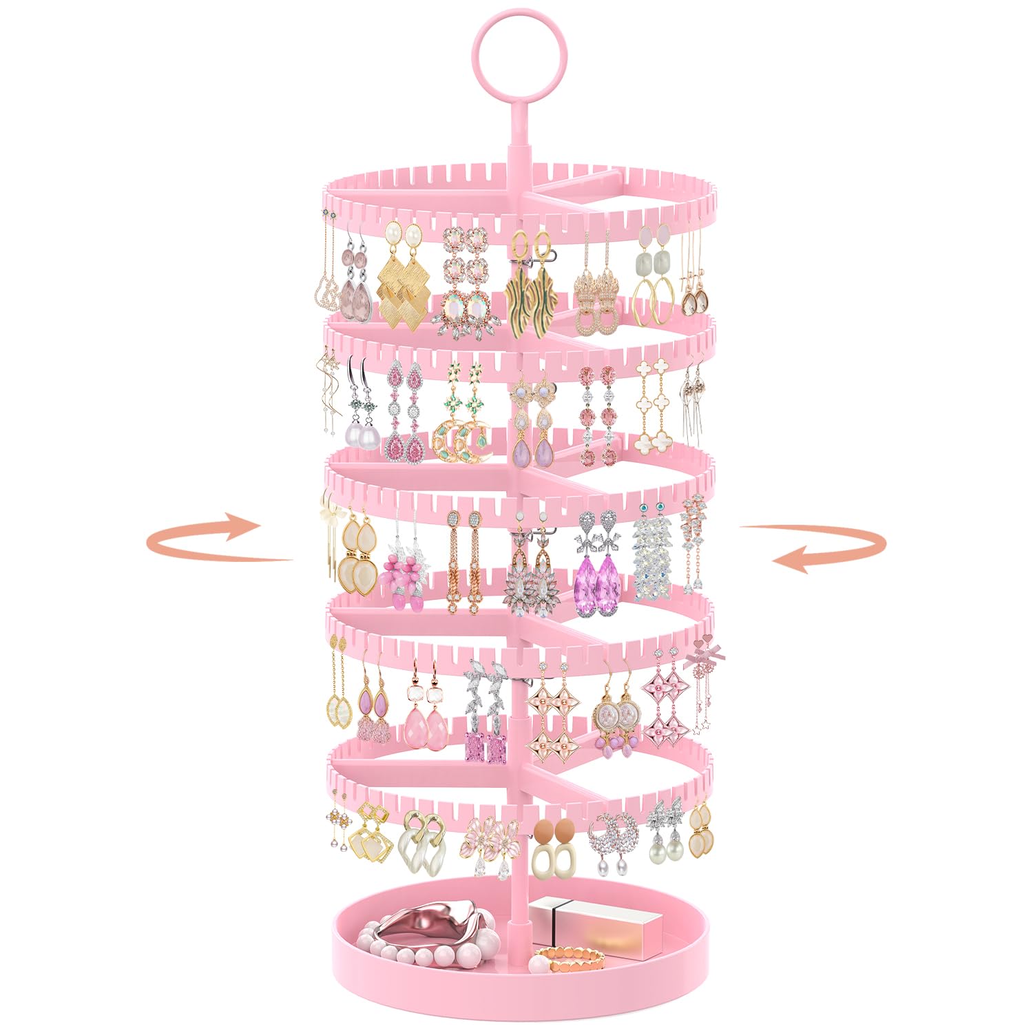 iDavosic.ly 5 Tier Rotating Earring Holder Organizer with Metal Tray, Adjustable Plastic Dangle Display Stands Tree with 285 Grooves, Large Hoop Storage Rack Tower, Pink