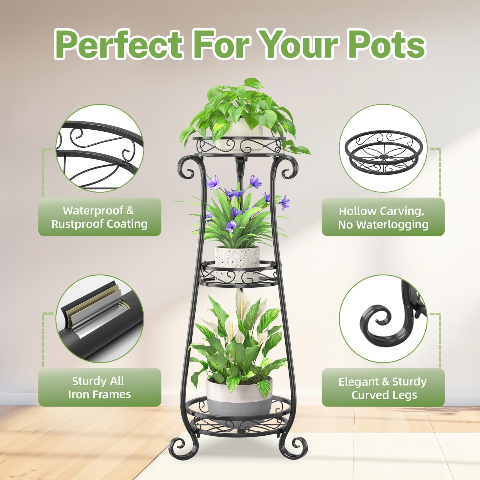 iDavosic.ly Metal Plant Stand for Indoor Outdoor Set of 2, 6 Tier Large Corner Folding Flower Pot Holder Shelf and 3 Layer Tall Vertical Display Rack for Patio Porch Living Room Garden, Black