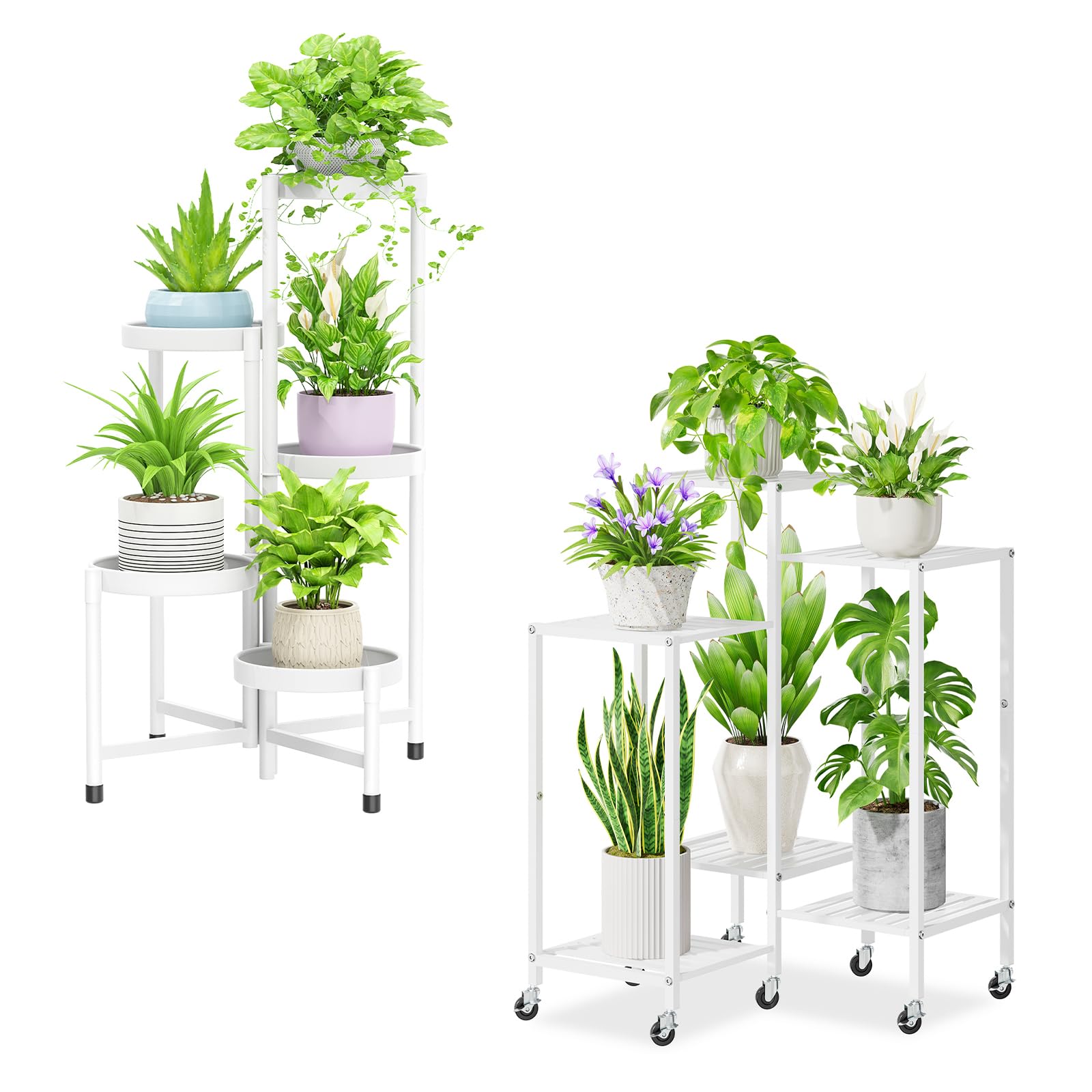 iDavosic.ly Plant Stand for Indoor Outdoor 2 Pack, Folding 5 Tier Corner Orchid Pot Display Rack and 6 Layer Metal Tall Flower Holder Shelf for Patio Porch Garden Balcony Living Room, White