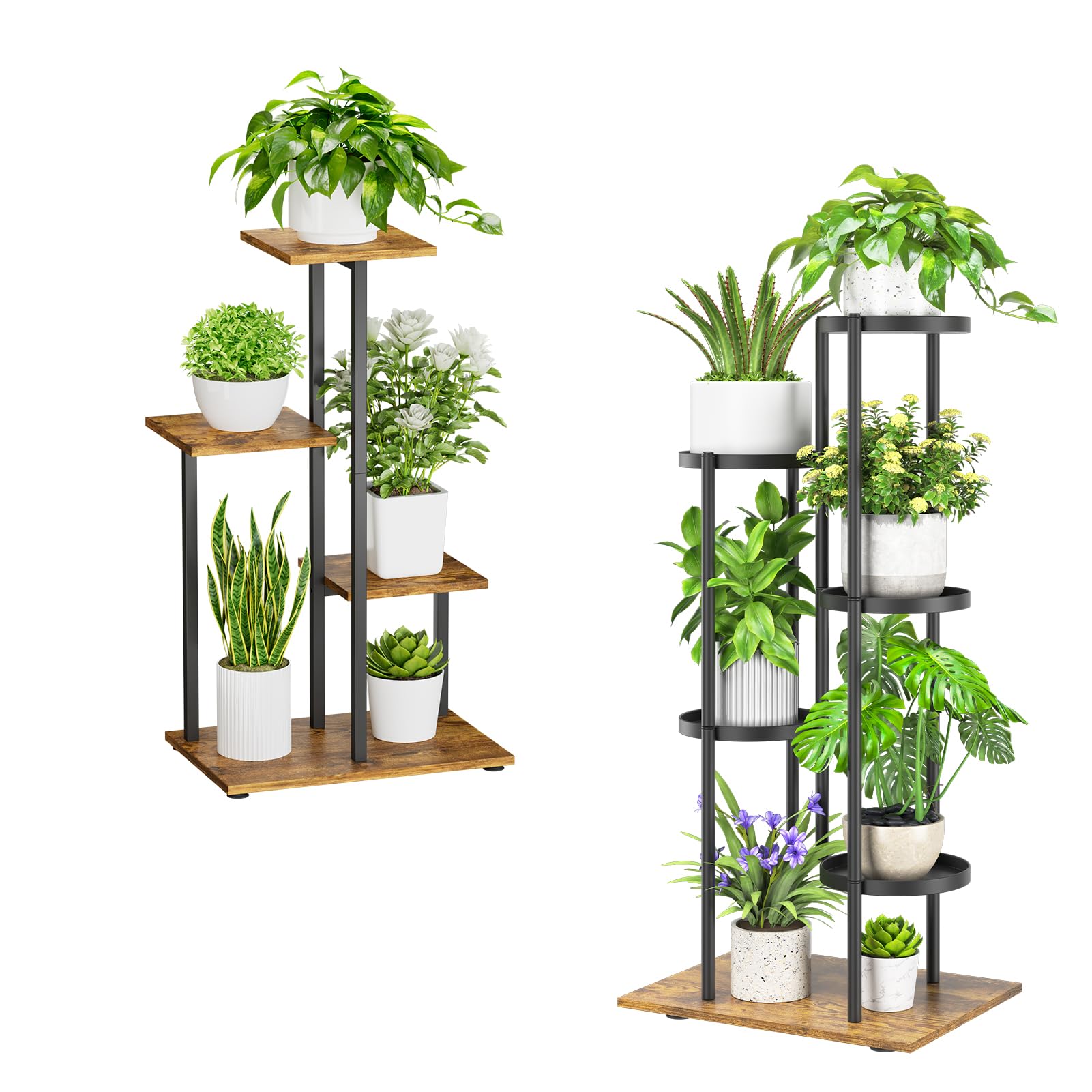 iDavosic.ly Plant Stand for Indoor Outdoor Set of 2, 4 Tier Metal Wood Flower Pot Display Holder Shelf and 5 Layer Tall Corner Orchid Rack for House Patio Balcony Garden Living Room Porch, Black