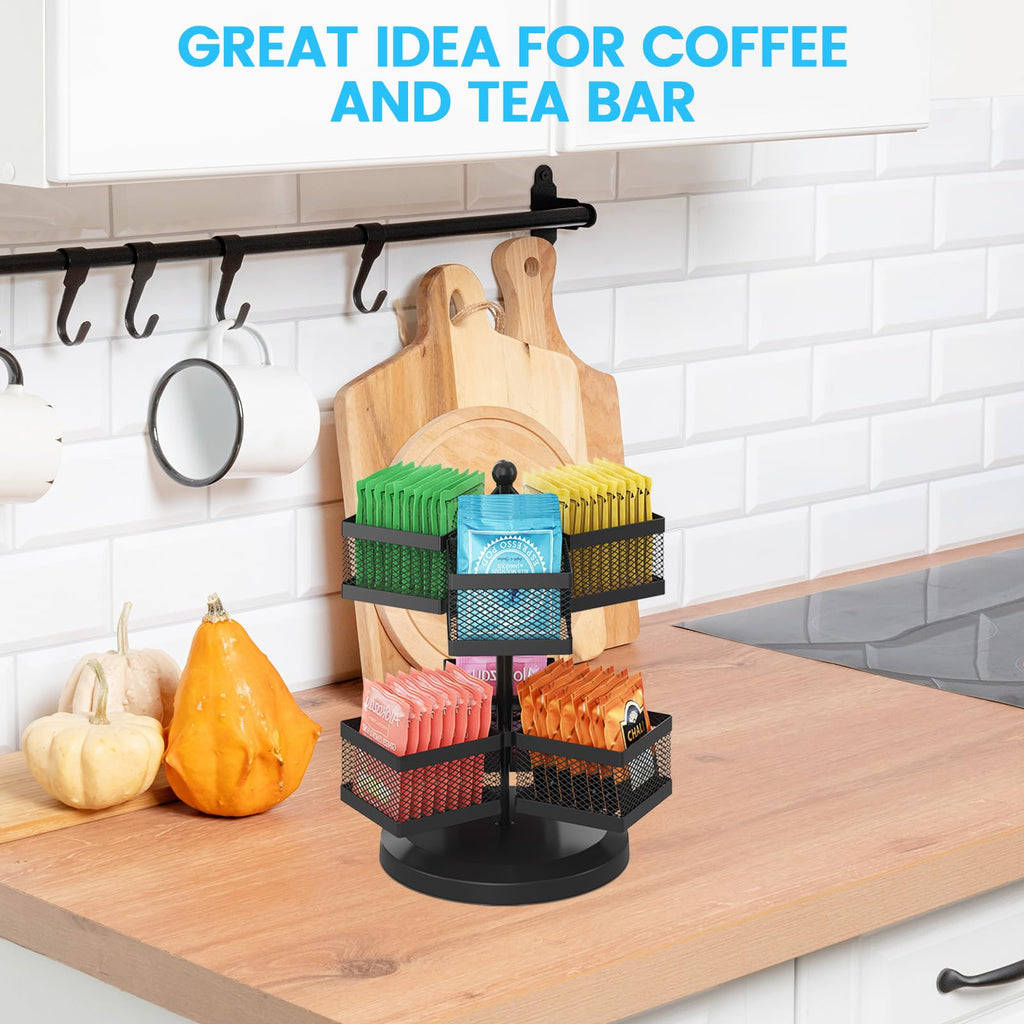 iDavosic.ly 2 Tier Tea Bag Organizer, Packet Storage Holder Spinning Carousel With 6 Compartments, Rotating Metal Caddy for Kitchen Counter Cabinet, Up to 72 Teabags Storage, Black