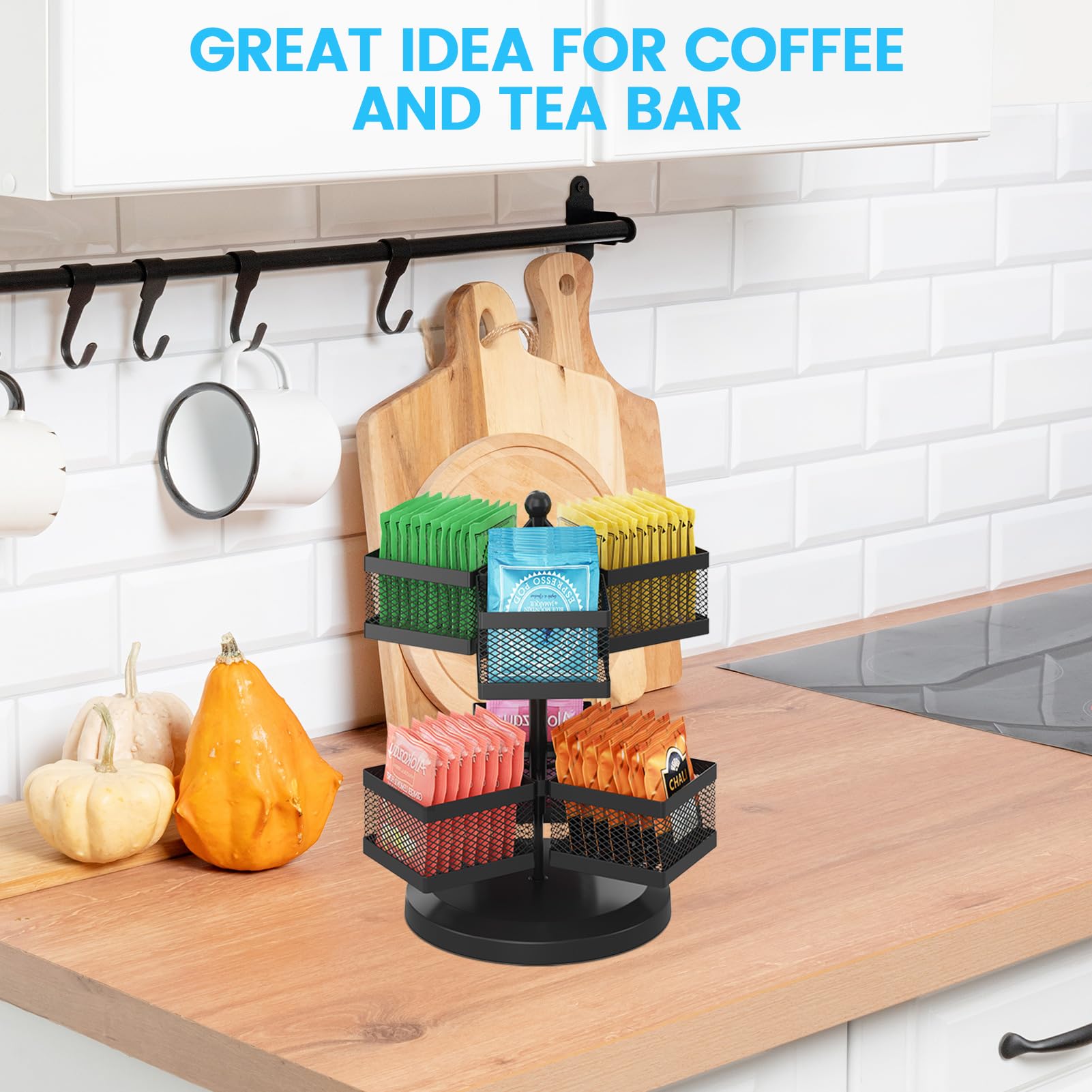iDavosic.ly 2 Tier Tea Bag Organizer, Packet Storage Holder Spinning Carousel With 6 Compartments, Rotating Metal Caddy for Kitchen Counter Cabinet, Up to 72 Teabags Storage, Black