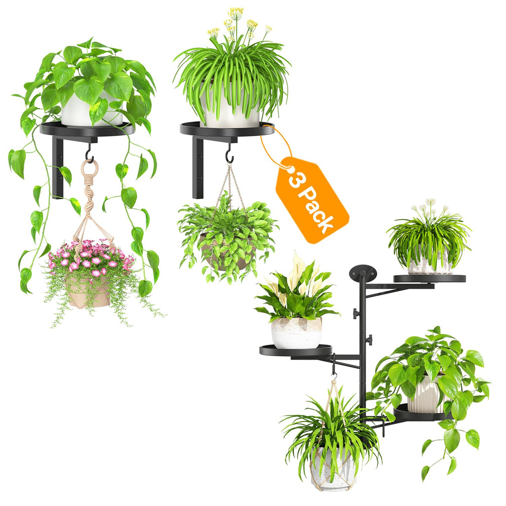 iDavosic.ly Wall Plant Holder Set of 3, Metal Hanger with 2 Hooks Indoor Outdoor, Rotating Window 3 Tier Plant Shelves Flower Display Holder Rack, Space Saving, Black (Pots/Chains/Plants Not Included)