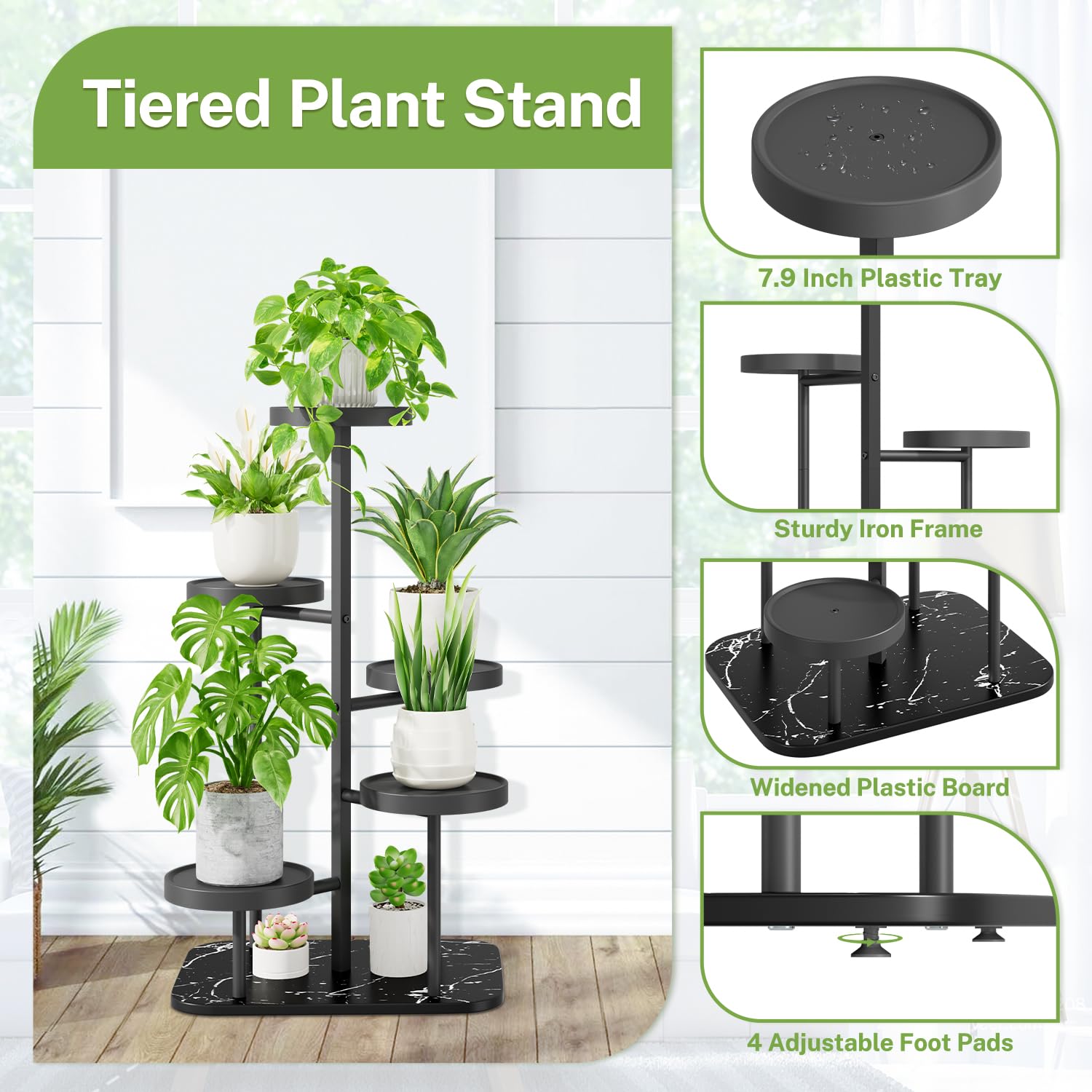 iDavosic.ly Plant Stand for Indoor Outdoor Set of 2, 7 Tier Folding Corner Flower Pot Holder Shelf and 5 Layer Metal Plastic Tall Orchid Display Rack for Patio Porch Living Room Garden Balcony, Black