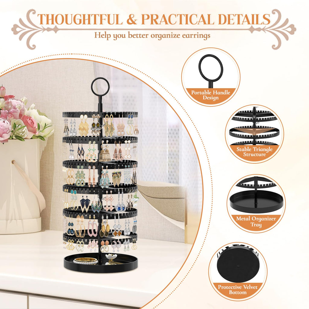 iDavosic.ly 6 Tier Rotating Earring Holder Organizer Set of 2, Metal Large Stud Storage Stand, Adjustable Plastic Dangle Hoop Display Rack Tower with Tray for Women, White and Black