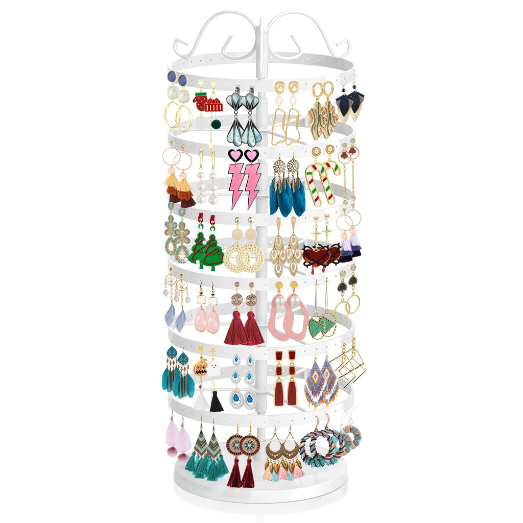 iDavosic.ly 6 Tier Metal Rotating Earring Holder Organizer, 264 Holes Large Stud Storage Display Stands Tree Rack, Adjustable Pierced Hoop Dangle Tower for Women, White