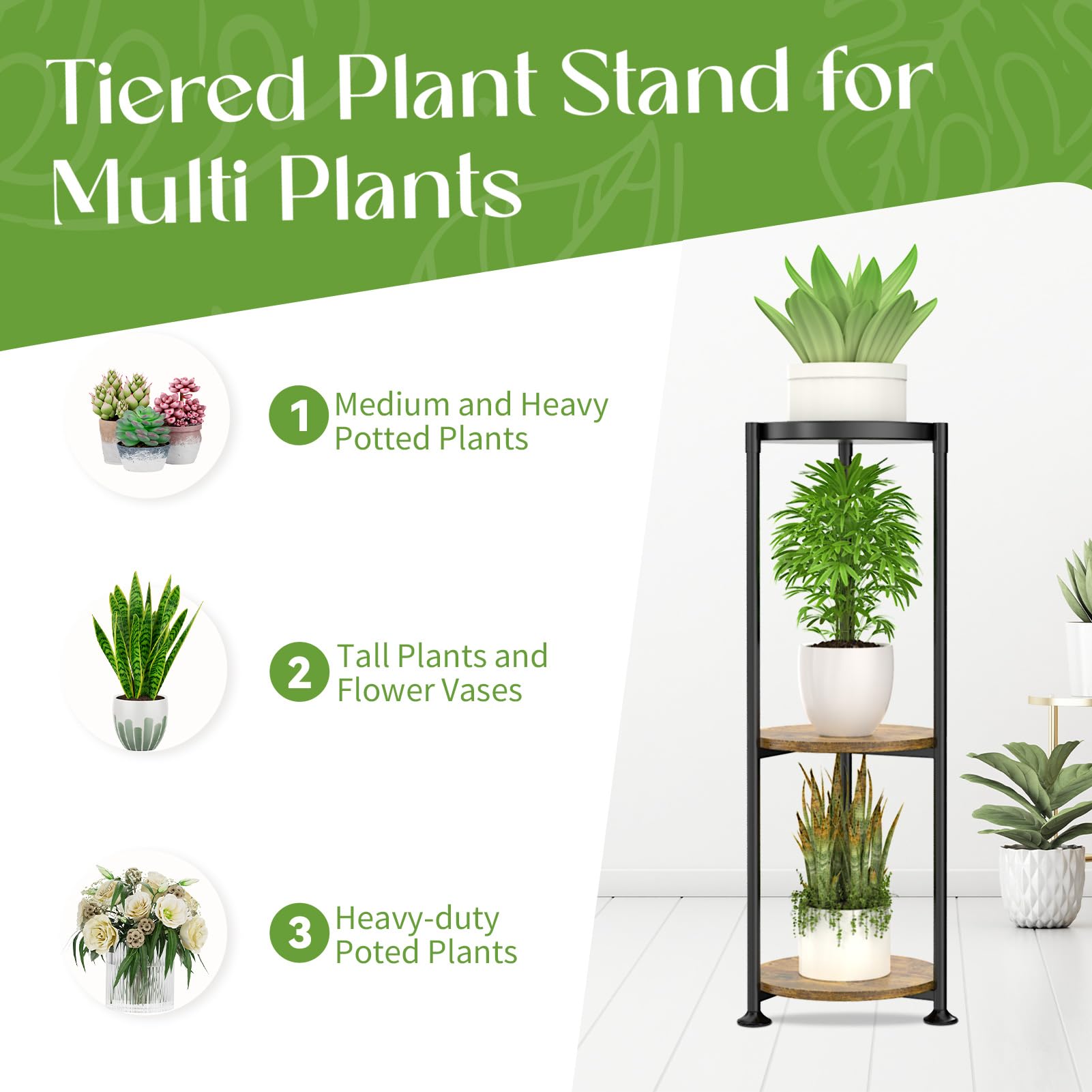 iDavosic.ly Metal Plant Stand Indoor Outdoor Set of 2, Tiered Corner Flower Holder Shelf and 3 Layer Tall Vertical Heavy Duty Display Rack for Patio Porch Living Room, Modern Black & Rustic Brown