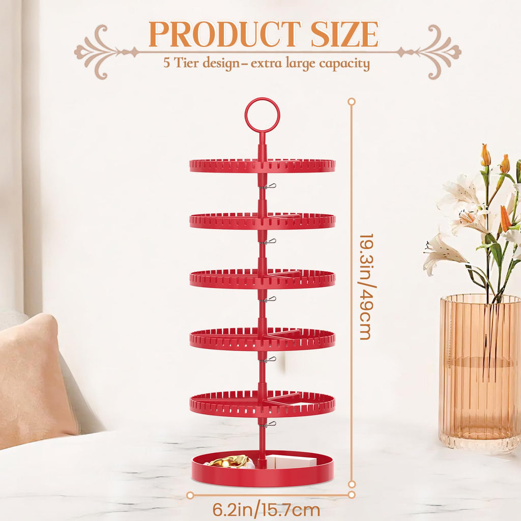 iDavosic.ly 5 Tier Rotating Earring Holder Organizer with Metal Tray, Adjustable Plastic Dangle Display Stands Tree with 285 Grooves, Large Hoop Storage Rack Tower, Red