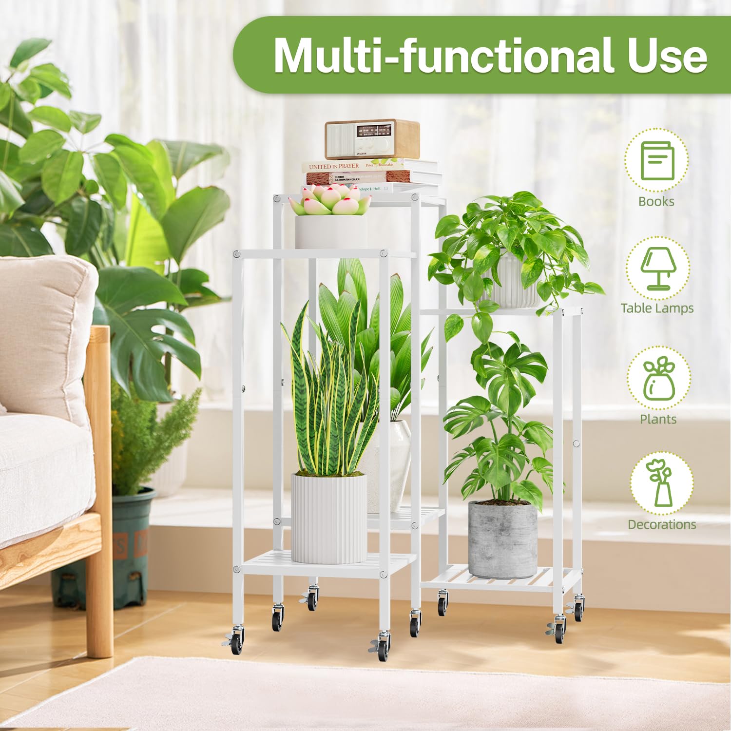 iDavosic.ly 6 Tier Plant Stand for Indoor Outdoor 2 Pack, Folding Large Corner Orchid Pot Display Rack and Metal Tall Flower Holder Shelf with Wheels for Patio Porch Garden Balcony Living Room, Black
