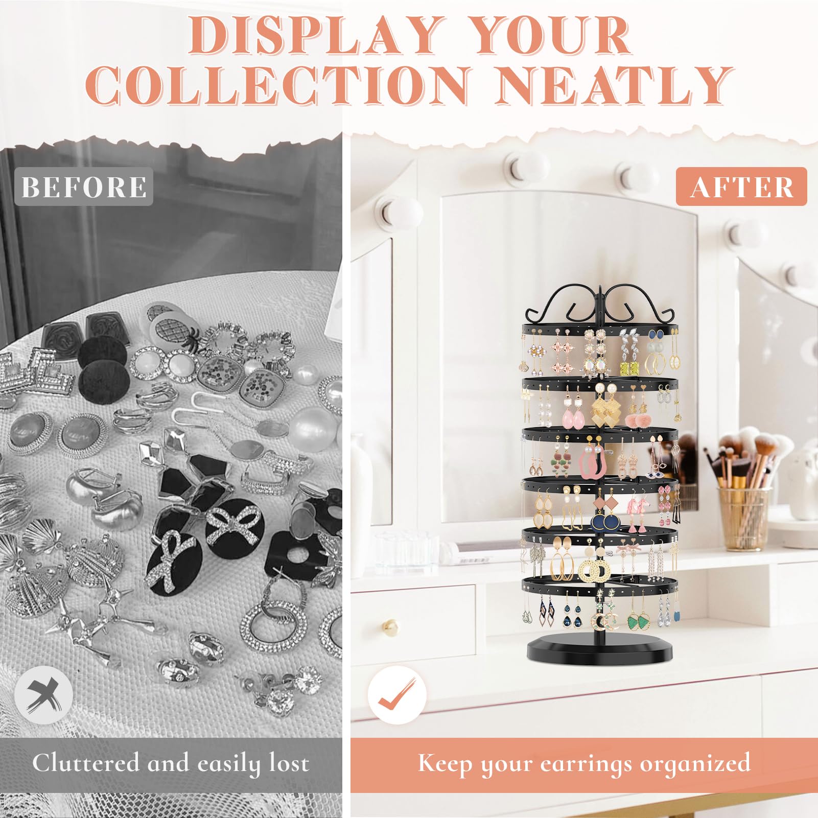 iDavosic.ly 6 Tier Metal Rotating Earring Holder Organizer, 264 Holes Large Stud Storage Display Stands Tree Rack, Adjustable Pierced Hoop Dangle Tower for Women, Black