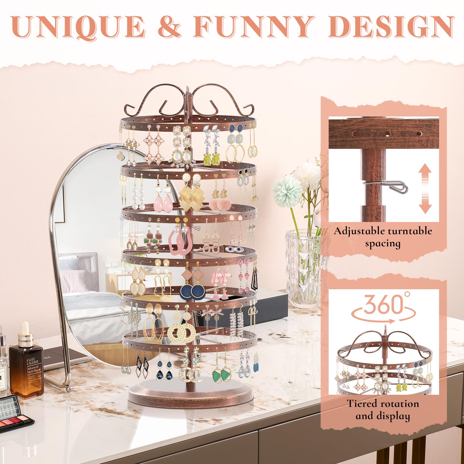iDavosic.ly 6 Tier Rotating Earring Holder Organizer Set of 2, Metal Large Stud Storage Stand, Adjustable Plastic Dangle Hoop Display Rack Tower with Tray for Women, Bronze White