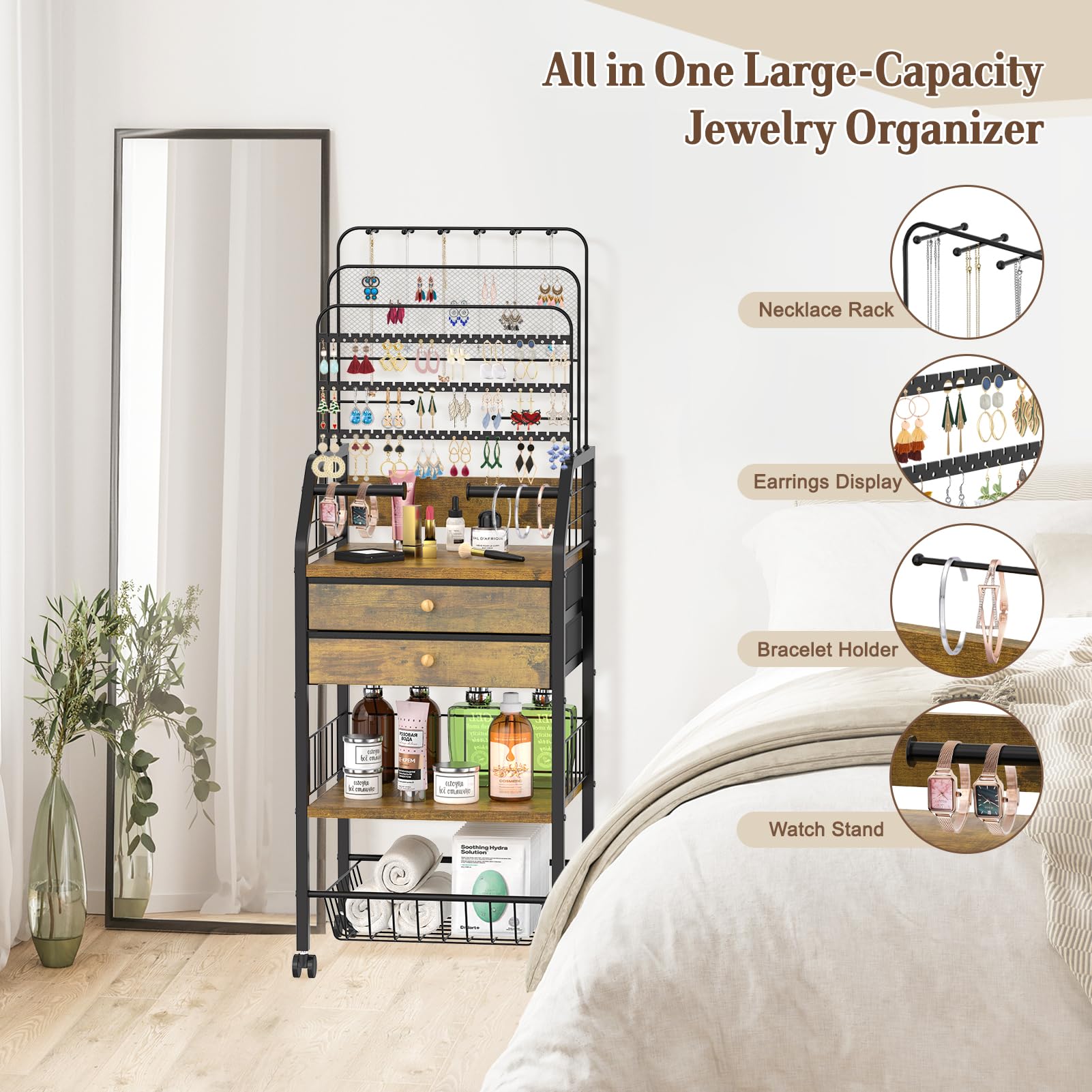 iDavosic.ly Large Jewelry Holder Organizer with 2 Box Drawer, Metal Earring Stand with 2 Storage Basket, Necklace Bracelet Ring Display Armoire, Black and Brown