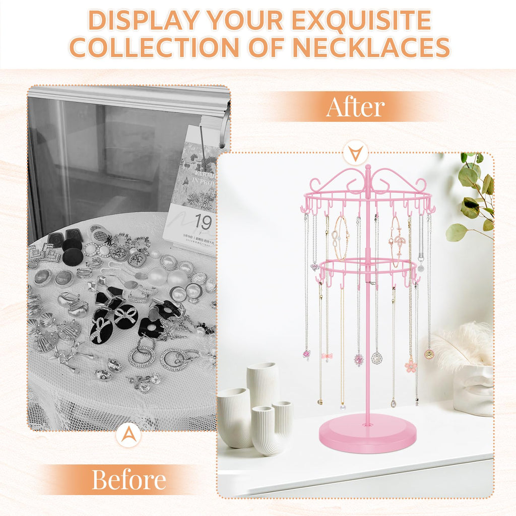 iDavosic.ly 2 Tier Rotating Necklace Holder Organizer with 42 Hooks, Adjustable Metal Bracelet Display Stand Rack, Extra Tall Keychain Spinning Tree Tower for Women, Pink