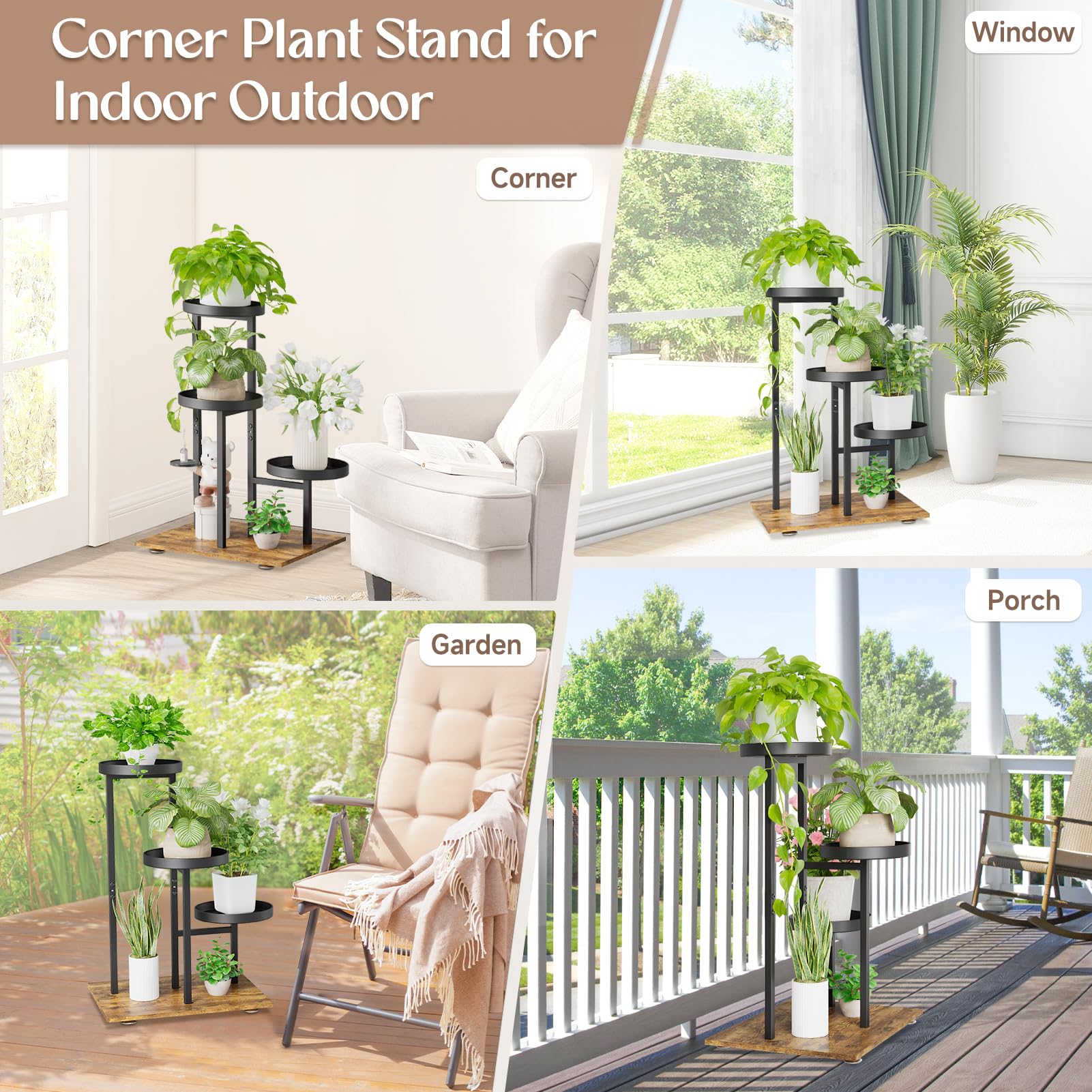 iDavosic.ly Plant Stand Indoor Outdoor Set of 2, 3 Tiered Corner Flower Holder Shelf and 3 Layer Metal Tall Vertical Display Rack for Patio Porch Garden Balcony Office Living Room, Modern Black & Rust