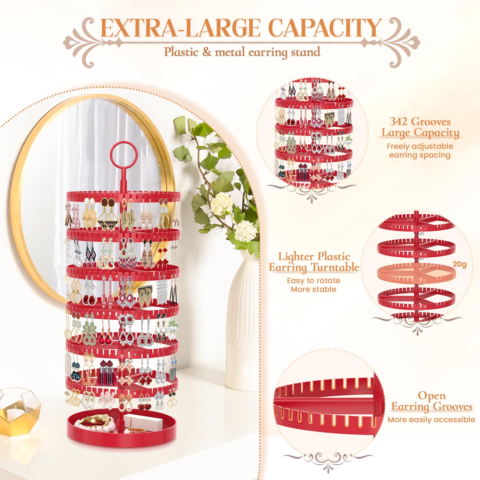 iDavosic.ly 6 Tier Rotating Earring Holder Organizer with Metal Tray, Adjustable Plastic Dangle Display Stands Tree with 342 Grooves, Large Hoop Storage Rack Tower, Red