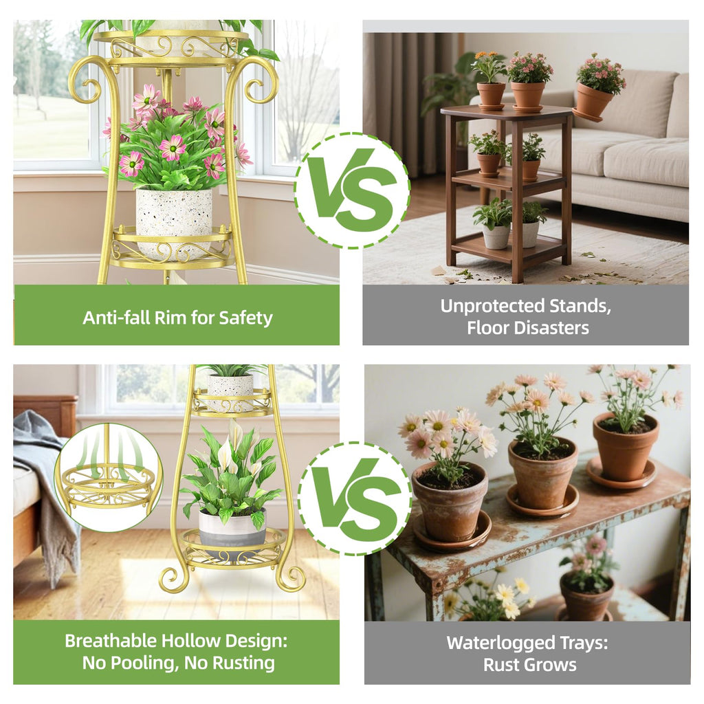 iDavosic.ly 3 Tier Metal Plant Stand Indoor Outdoor, Wrought Iron Corner Tall Flower Pot Holder Shelf, 34 Inch Vertical Heavy Duty Display Rack for Patio Porch Living Room Garden, Gold