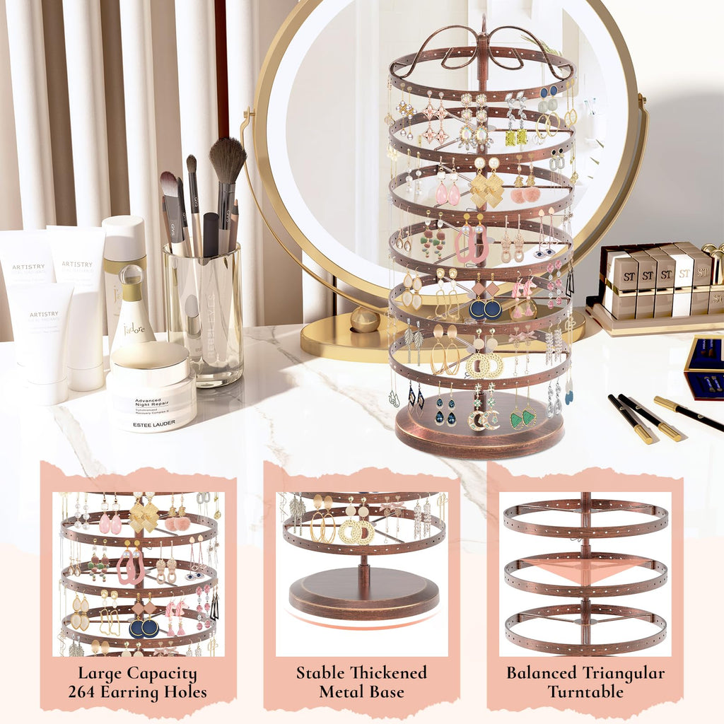 iDavosic.ly 6 Tier Rotating Earring Holder Organizer Set of 2, Metal Large Stud Storage Stand, Adjustable Plastic Dangle Hoop Display Rack Tower with Tray for Women, Bronze White
