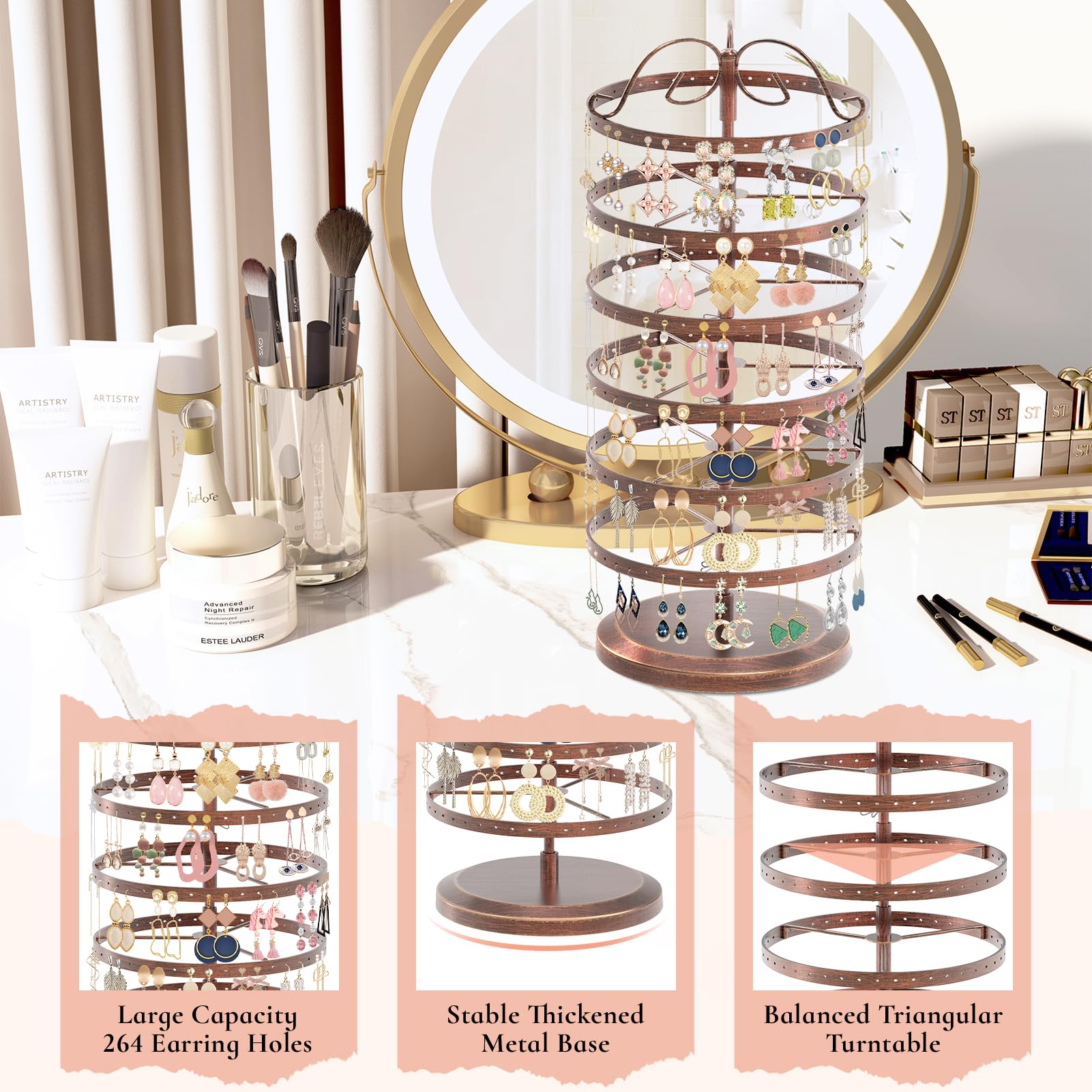 iDavosic.ly 6 Tier Rotating Earring Holder Organizer Set of 2, Metal Large Stud Storage Stand, Adjustable Plastic Dangle Hoop Display Rack Tower with Tray for Women, Bronze White