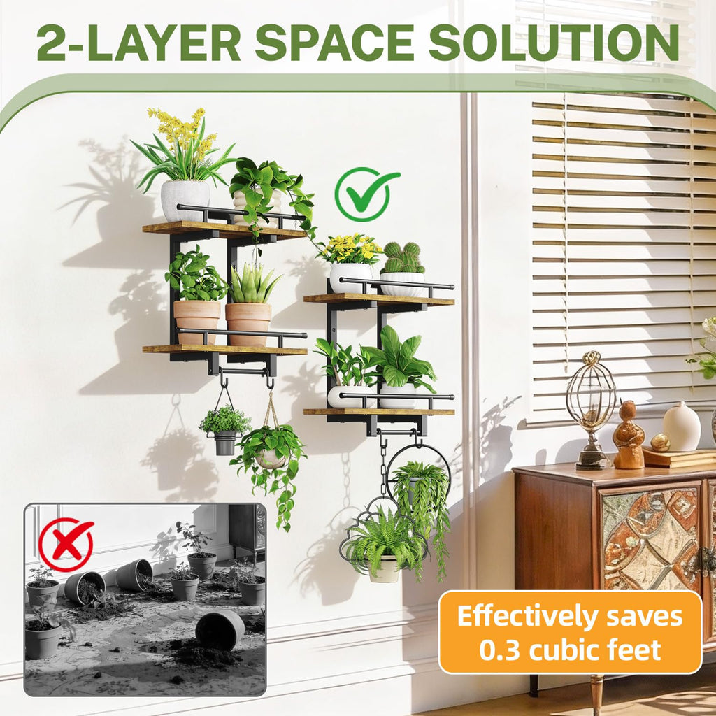 iDavosic.ly Wall Plant Holder Set of 4, 2-Tier Floating Shelf with Hooks for Hanging Plants, Metal Display Stand for Indoor Outdoor Living Room, Space Saving, Black(Pots/Chains/Plants Not Included)