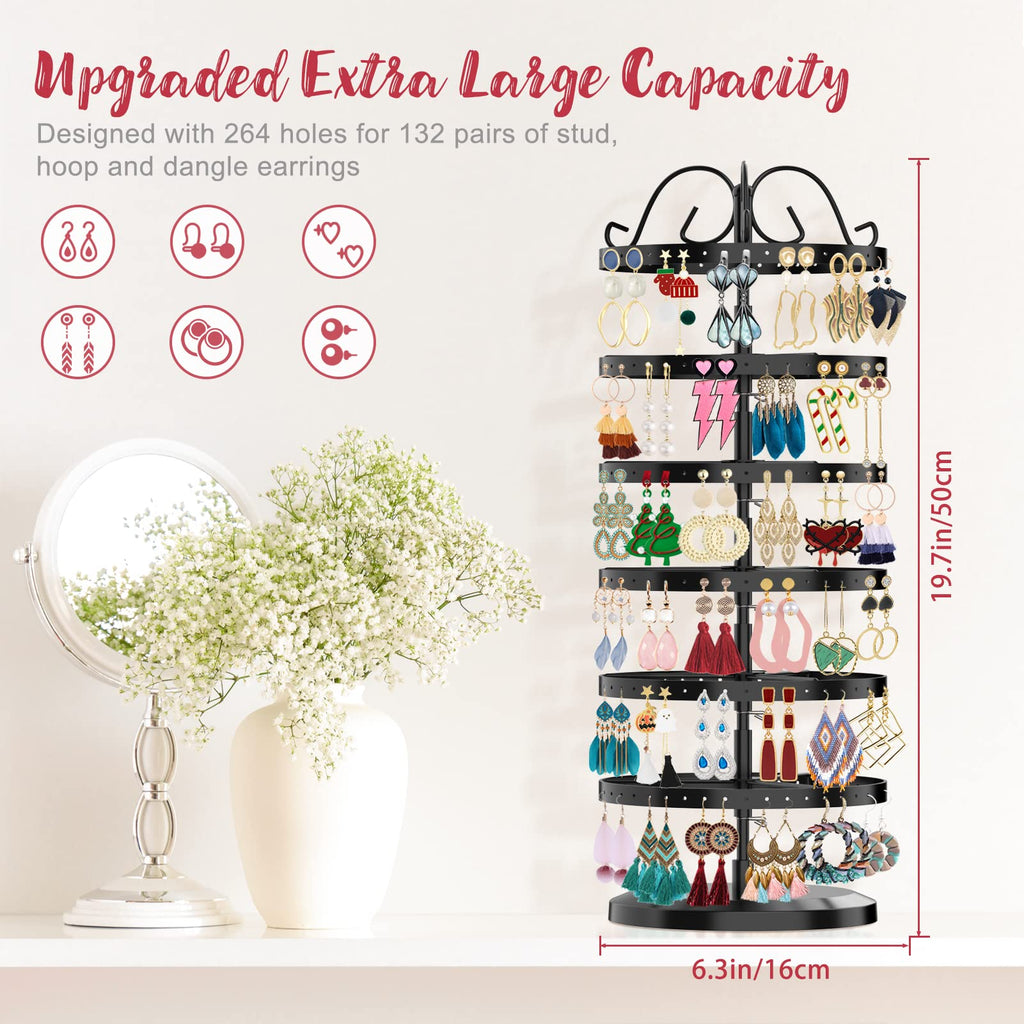 iDavosic.ly 6 Tier Metal Rotating Earring Holder Organizer and 2 Layer Adjustable Necklace Display Stand Rack, Spinning Bracelet Keychain Tree Tower for Women