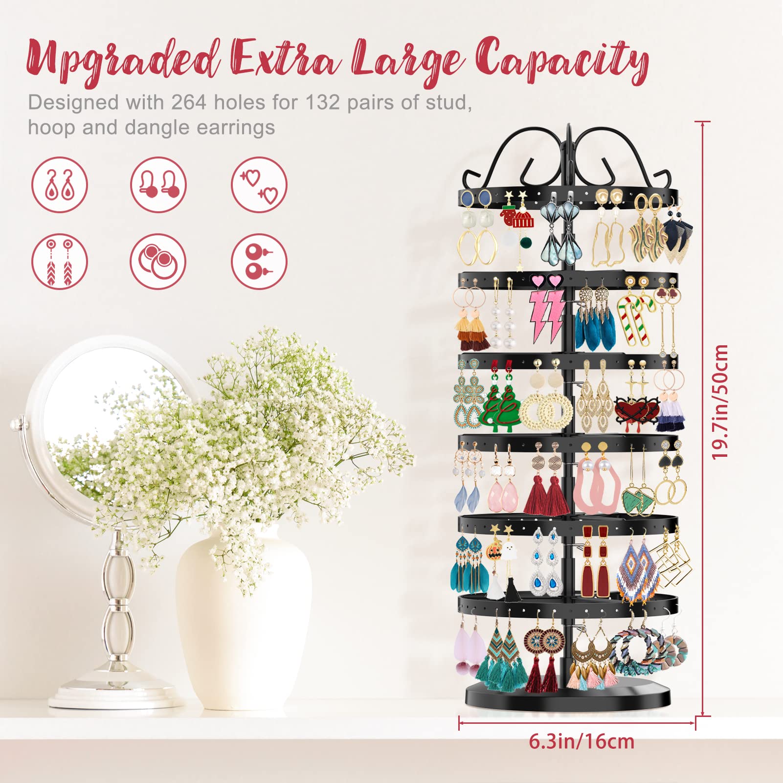 iDavosic.ly 6 Tier Metal Rotating Earring Holder Organizer and 2 Layer Adjustable Necklace Display Stand Rack, Spinning Bracelet Keychain Tree Tower for Women