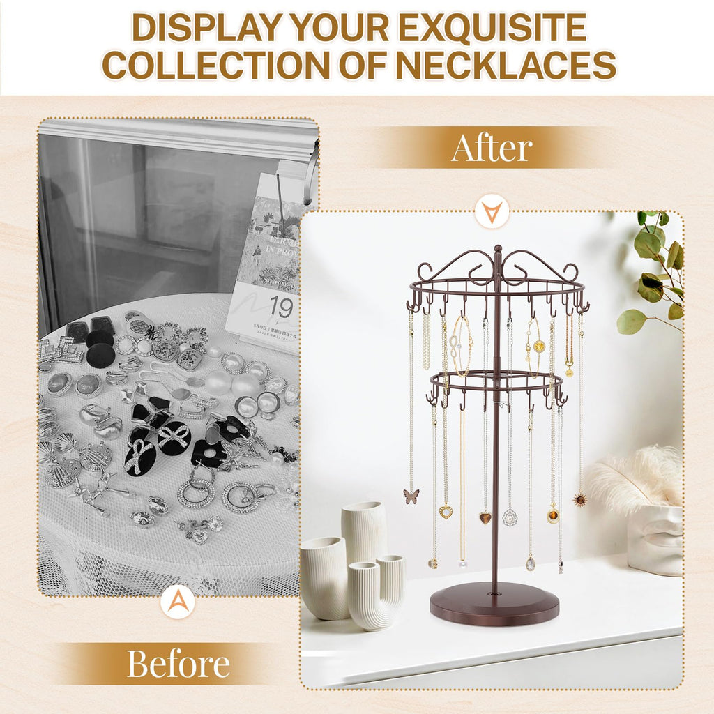 iDavosic.ly 2 Tier Rotating Necklace Holder Organizer with 42 Hooks, Adjustable Metal Bracelet Display Stand Rack, Extra Tall Keychain Spinning Tree Tower for Women, Espresso Brown